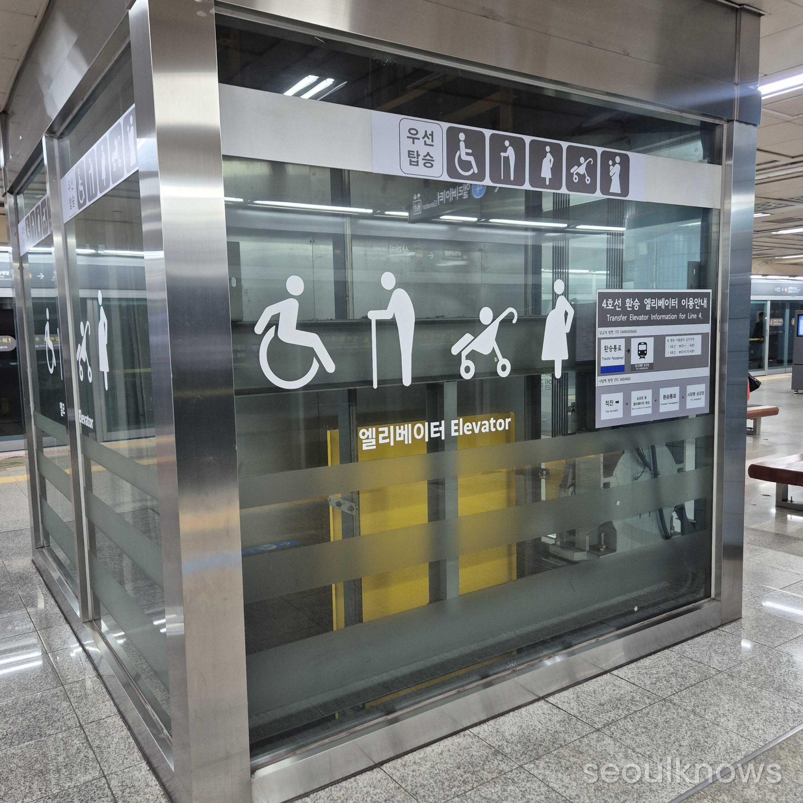 Seoul subway platform signage, fare gates, and concourse views