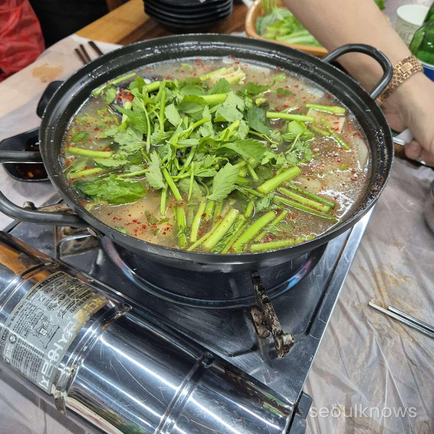 Maeuntang, spicy fish stew, at Millak Live Fish Market