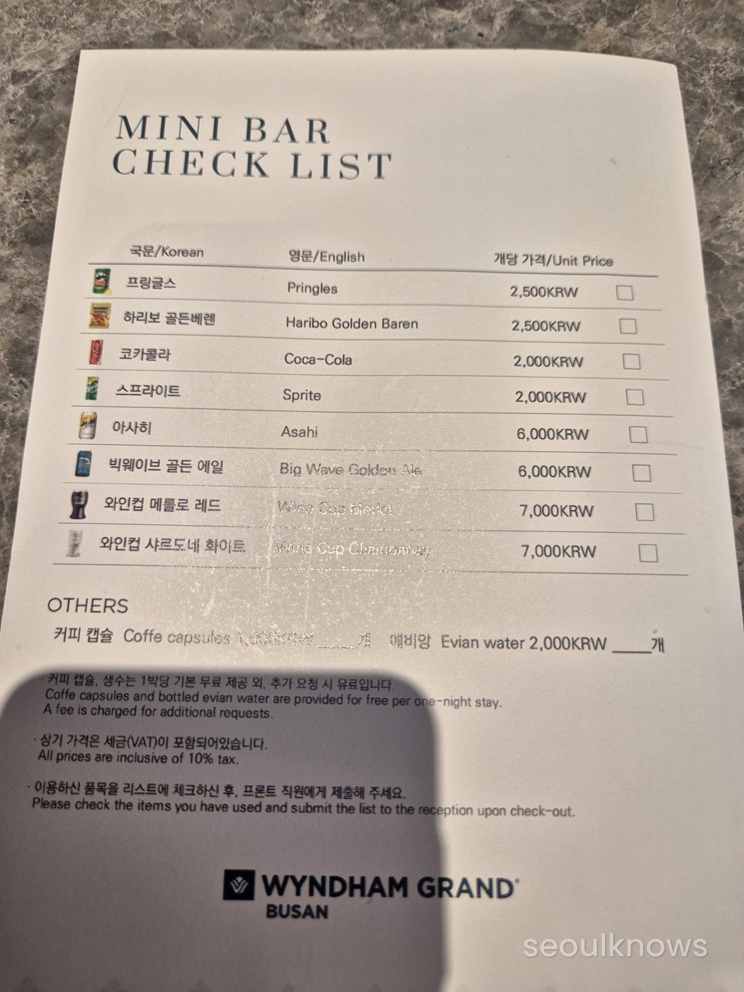 Wyndham Grand Busan minibar checklist