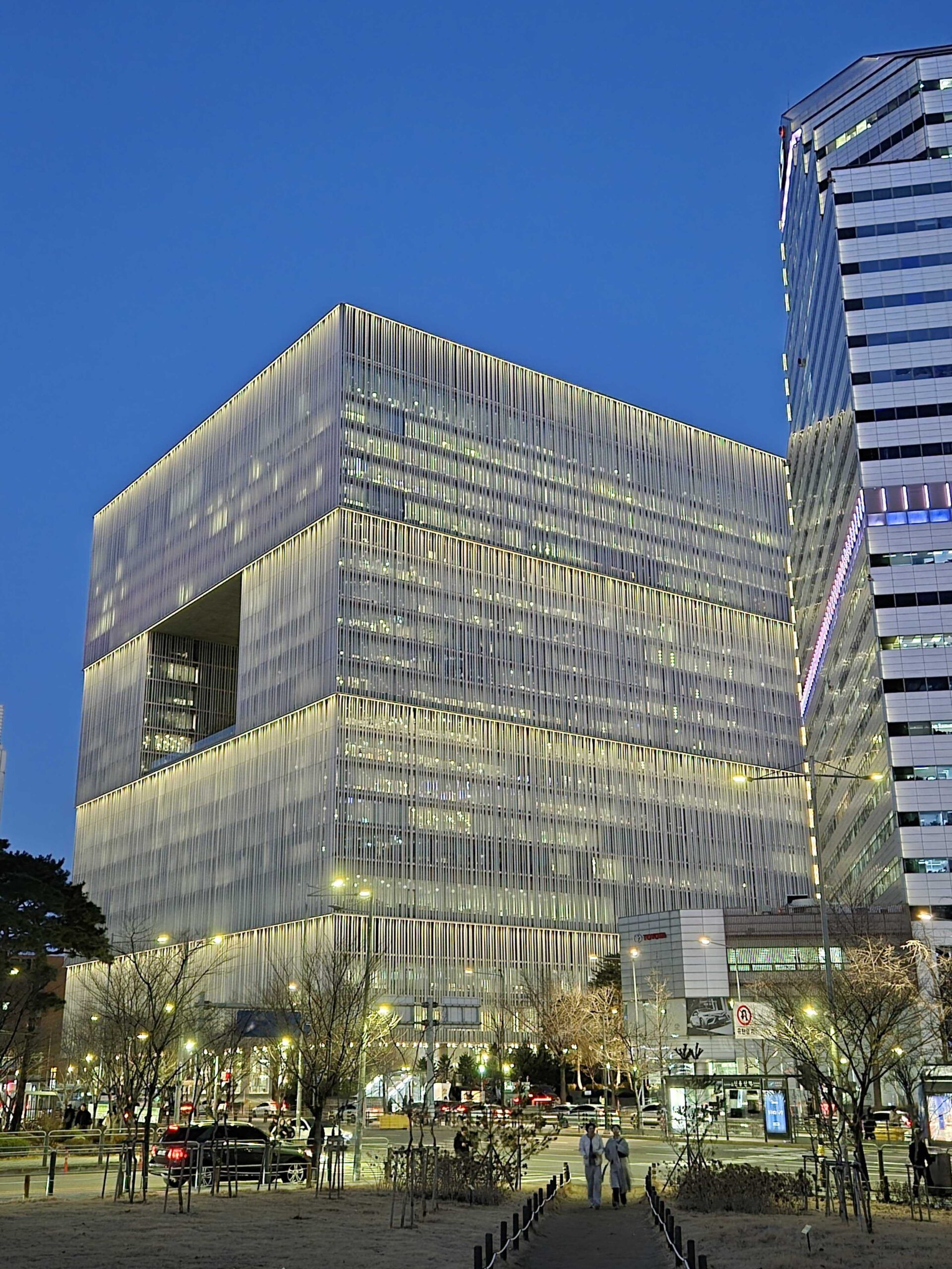 The Amorepacific headquarters glowing at night