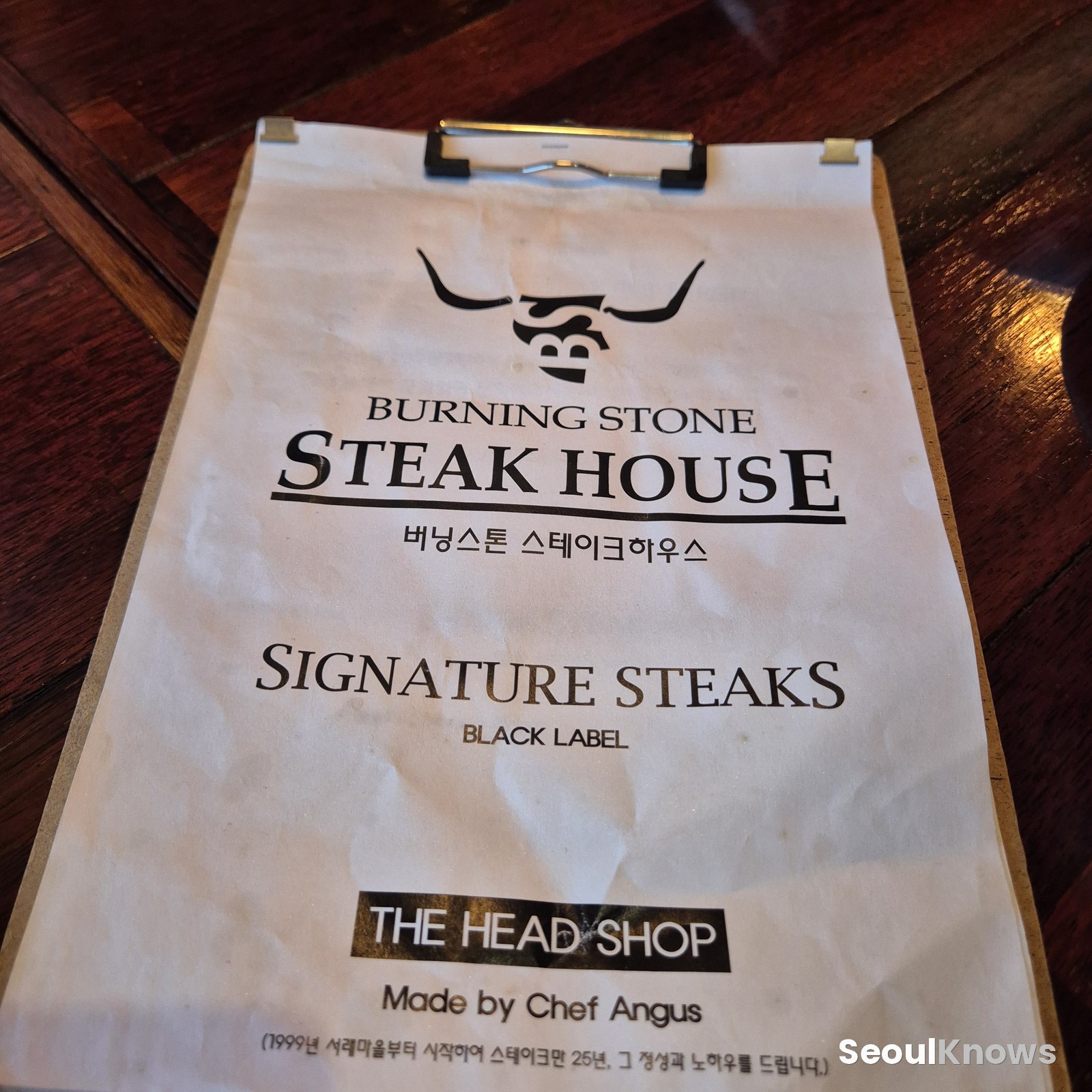 Burning Stone menu cover, Signature Steaks Black Label by Chef Angus