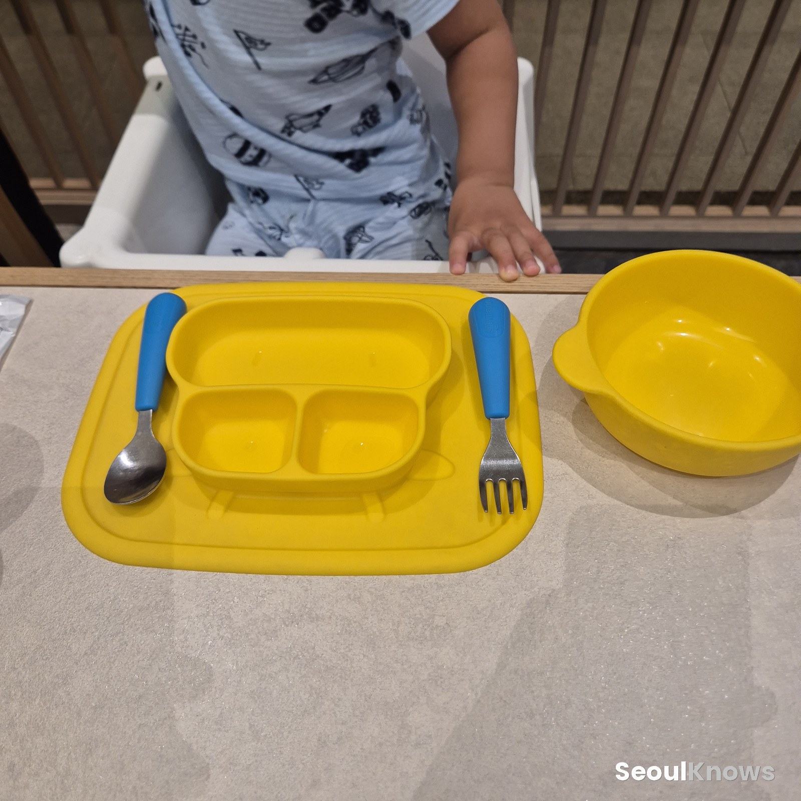 Toddler meal set with tray, spoon and fork at Donghwa Gook