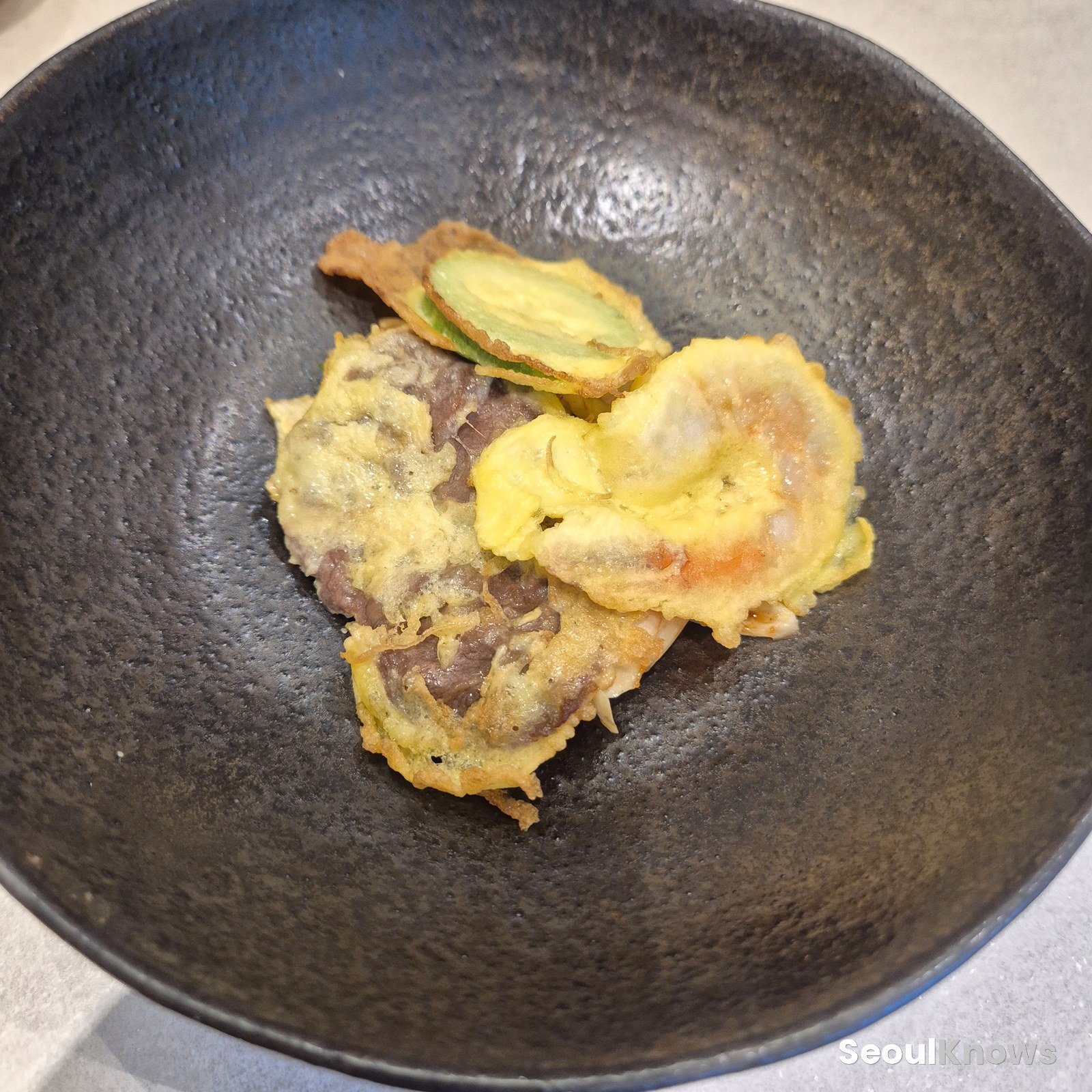 Three-colour Korean pan-fried jeon: beef, shrimp and zucchini