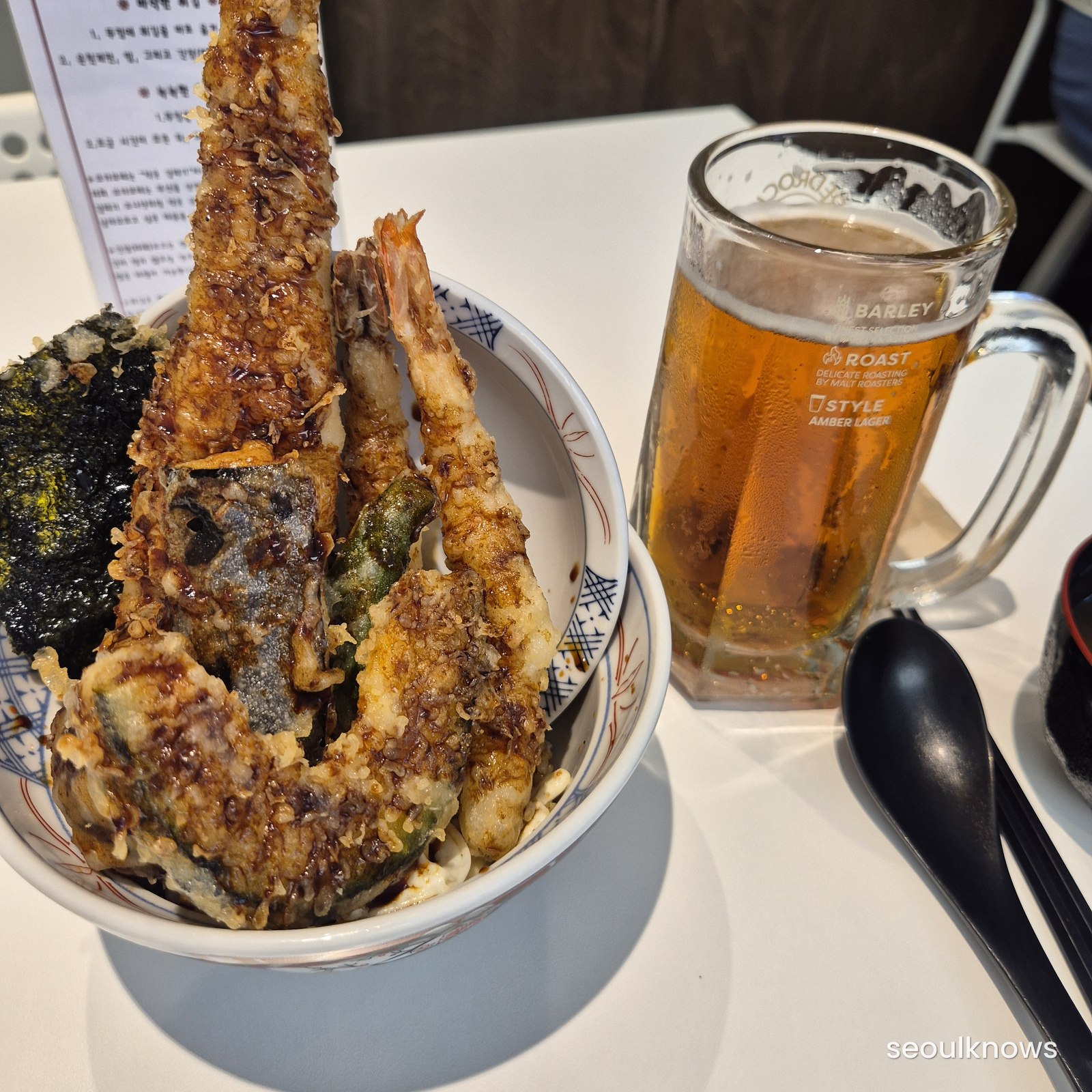 Special tendon with conger eel and shrimp tempura and a beer at Kokamome