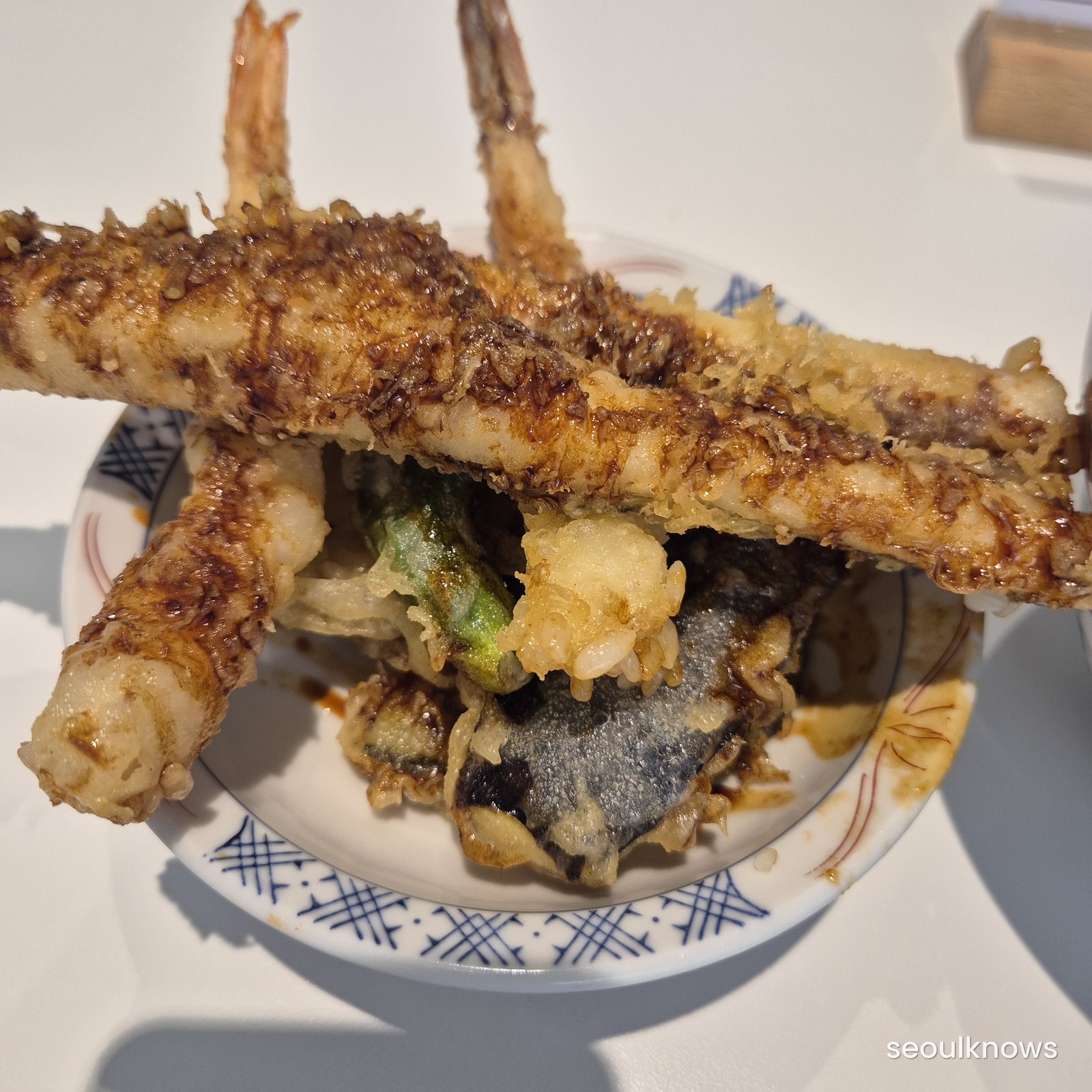 Close-up of crispy tempura on the special tendon at Kokamome Busan