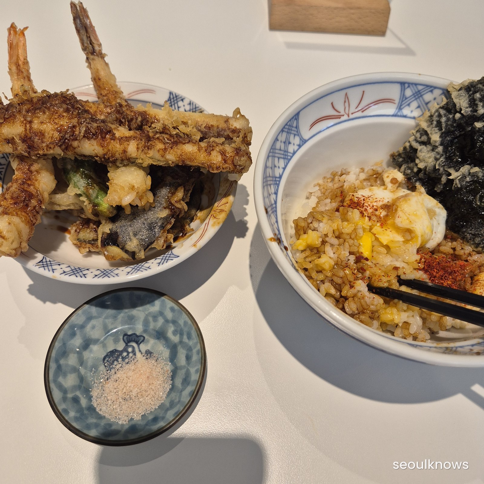 Onsen egg mixed into tempura rice bowl at Kokamome