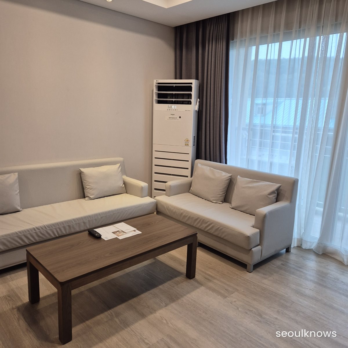 Sofa and coffee table in the Konjiam condo living room