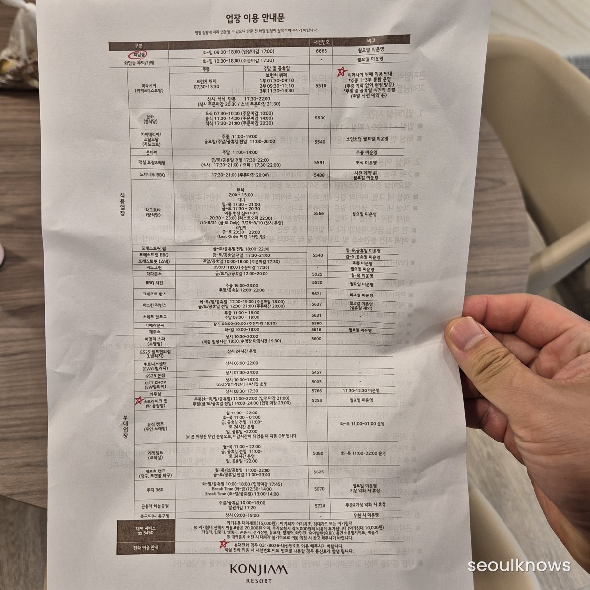 Konjiam Resort facility hours and guest information sheet