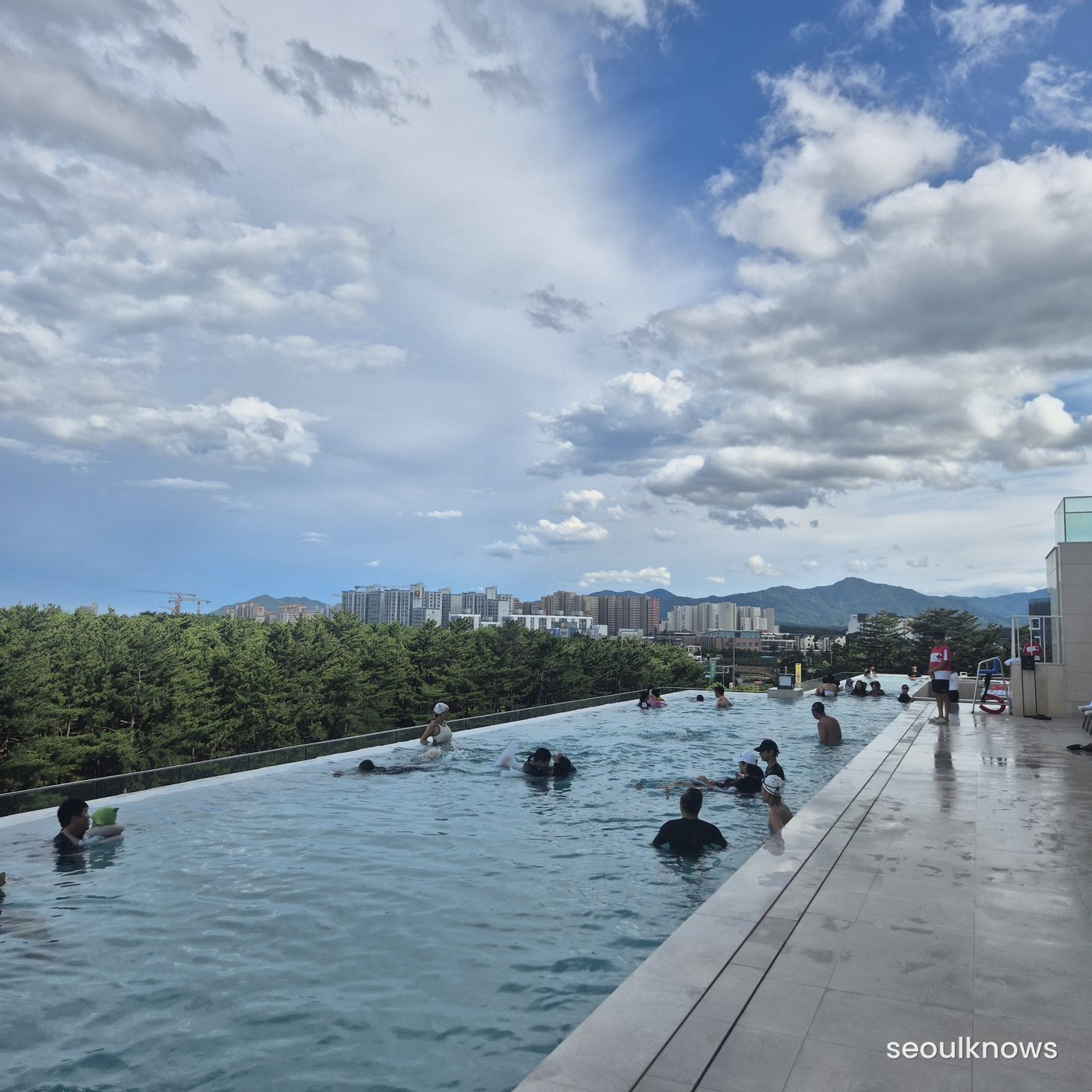 Outdoor infinity pool with city and forest view