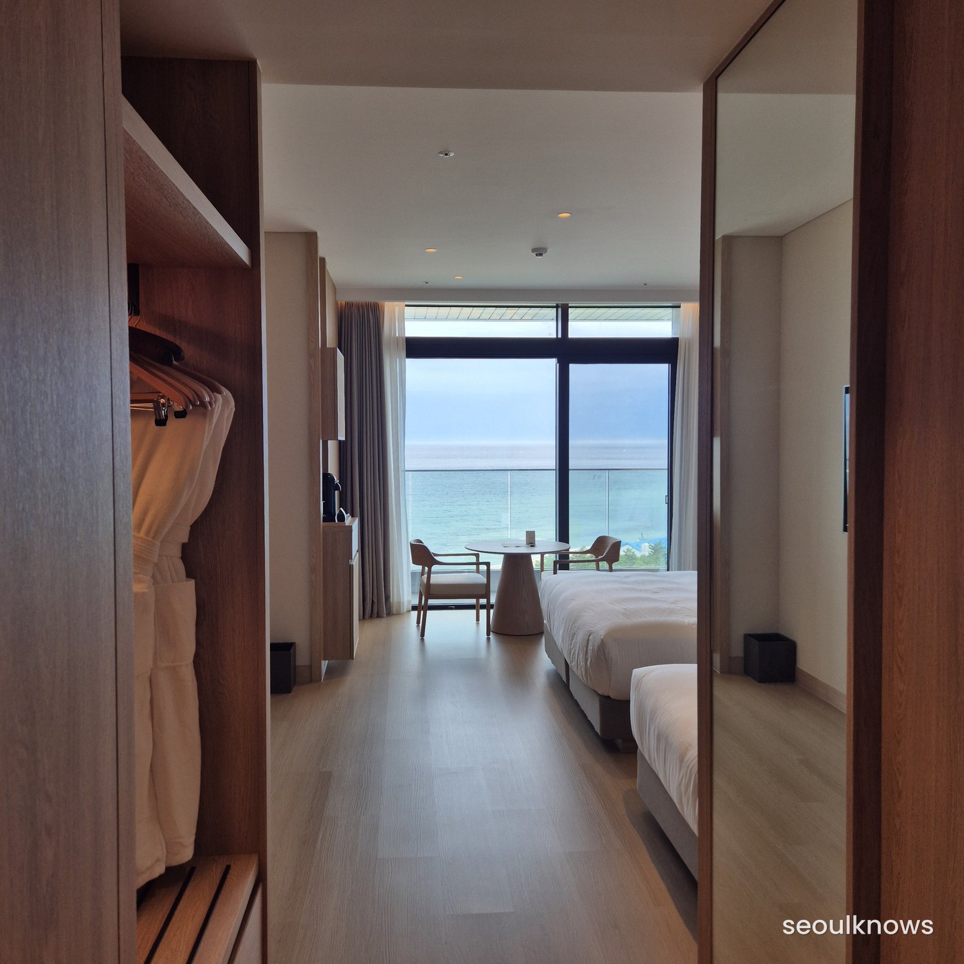 Ocean-view family room with wood floors
