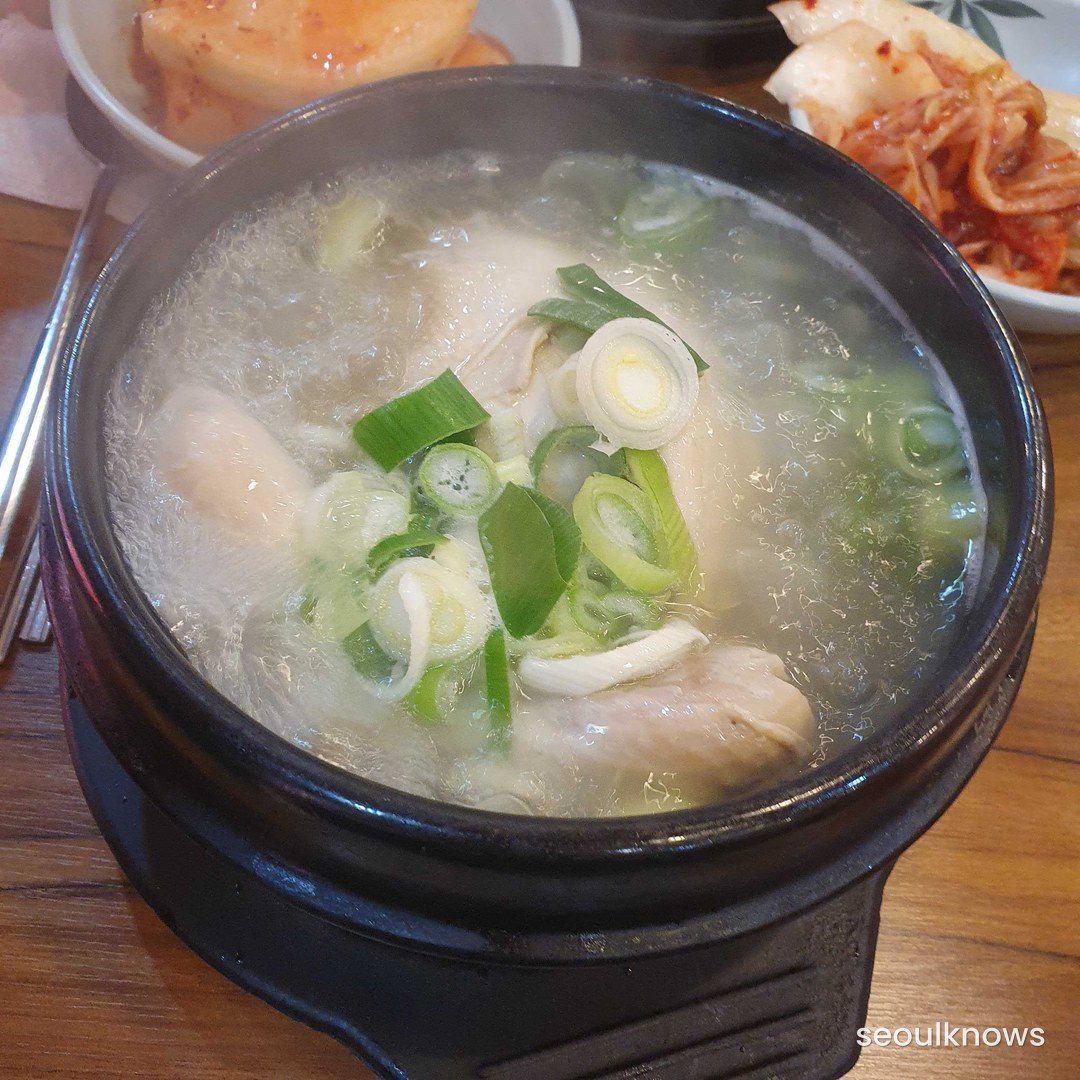 Close up of samgyetang whole chicken in ginseng broth