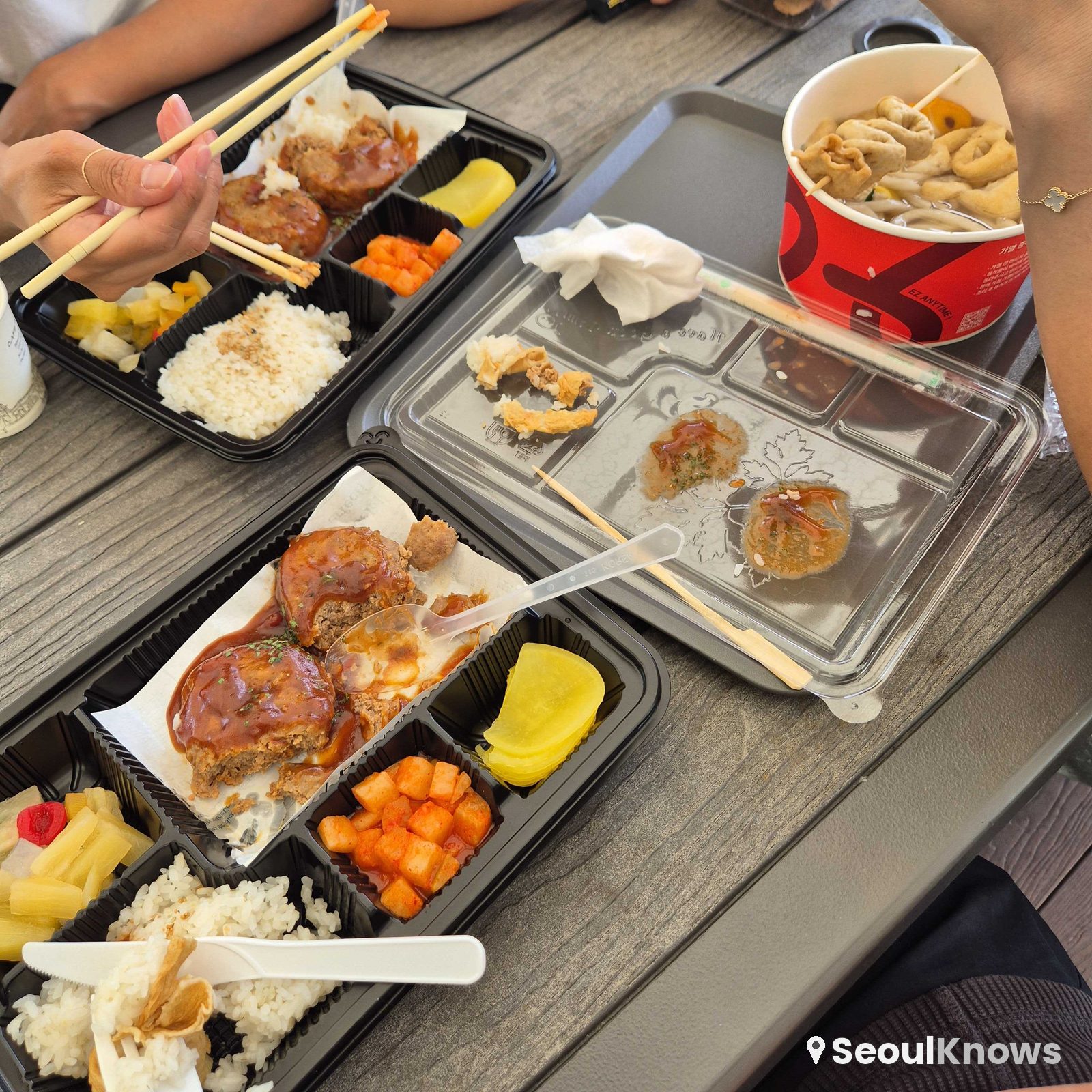Hamburg-steak lunchbox and udon from the food court