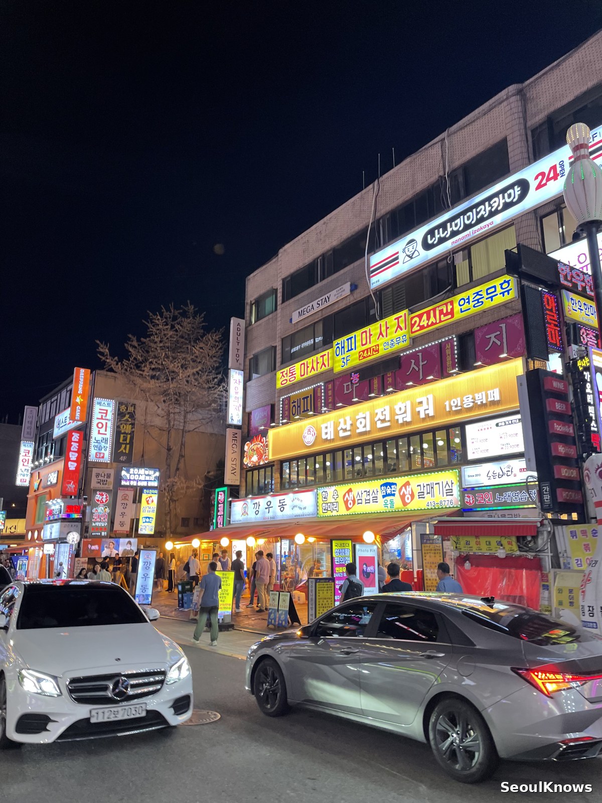 Neon signs along Bangi-dong food alley in Songpa Seoul
