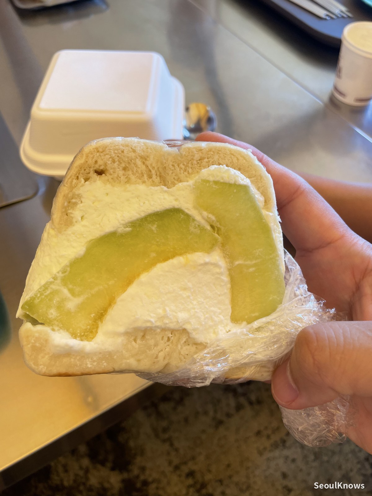 Korean melon-yogurt cream bagel cross-section at Sogulsok