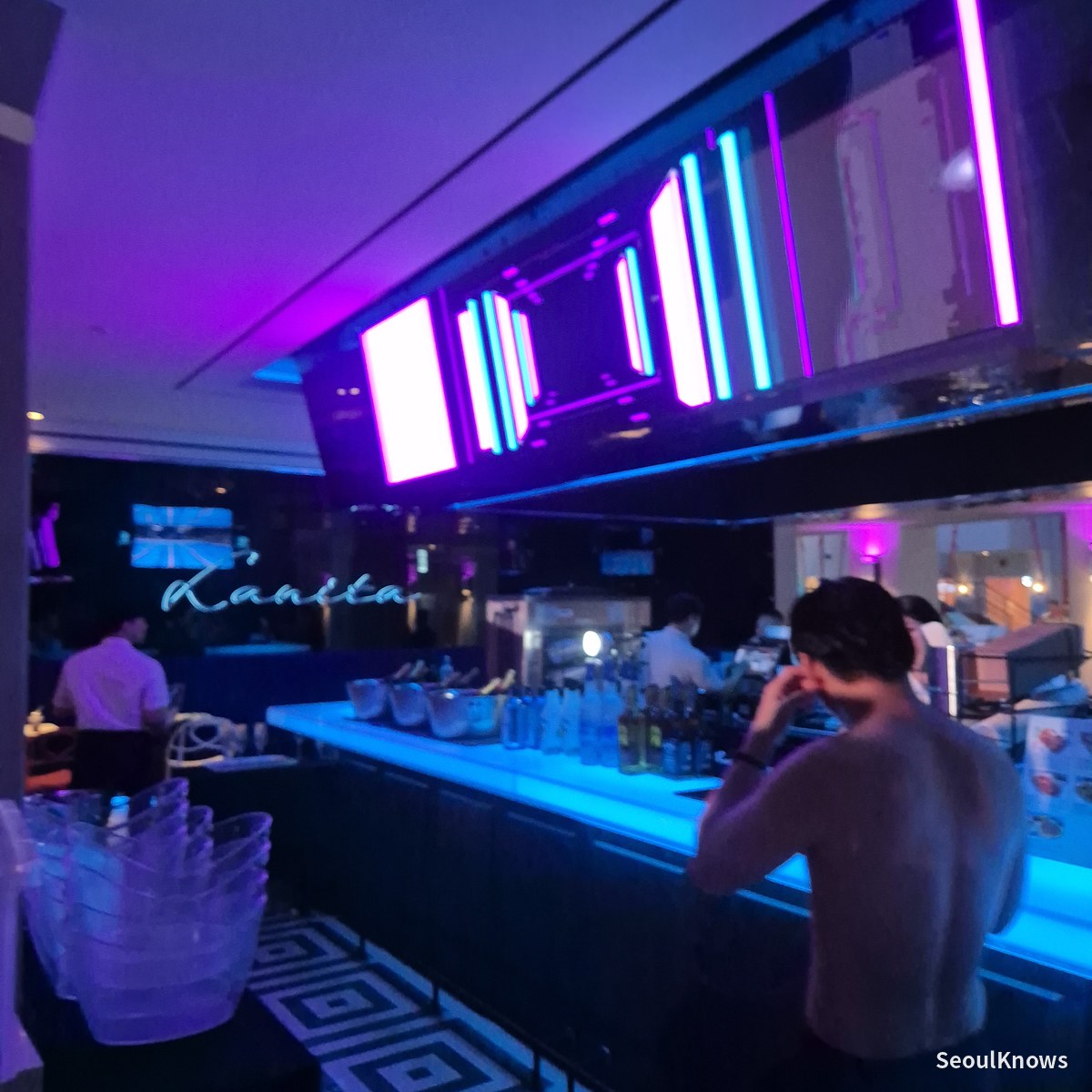 Interior of the Sports Bar at Cimer with neon lighting
