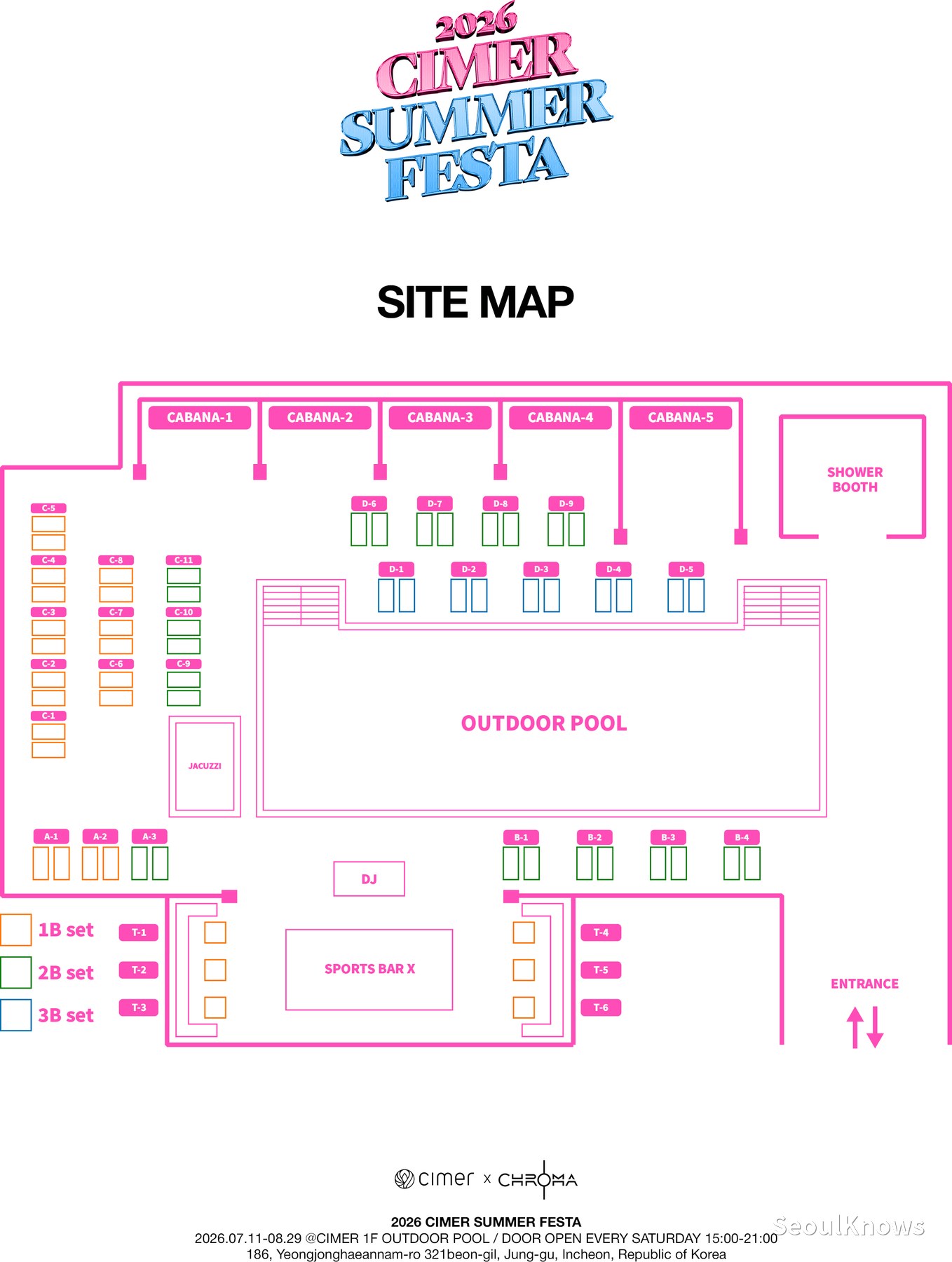 Cimer outdoor pool site map showing cabanas, sunbeds and the sports bar