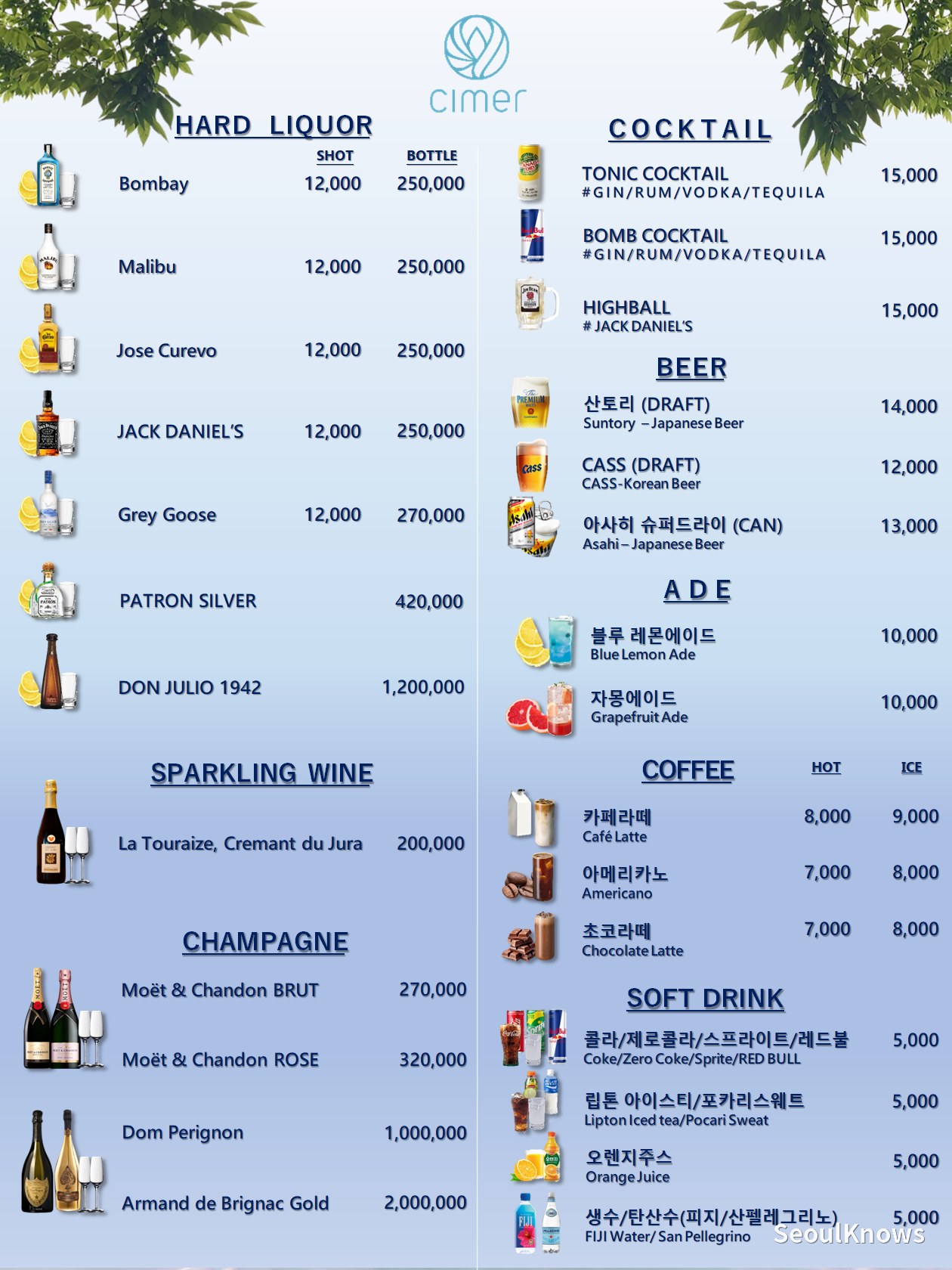 Cimer Sports Bar drinks menu with beer, cocktail and coffee prices