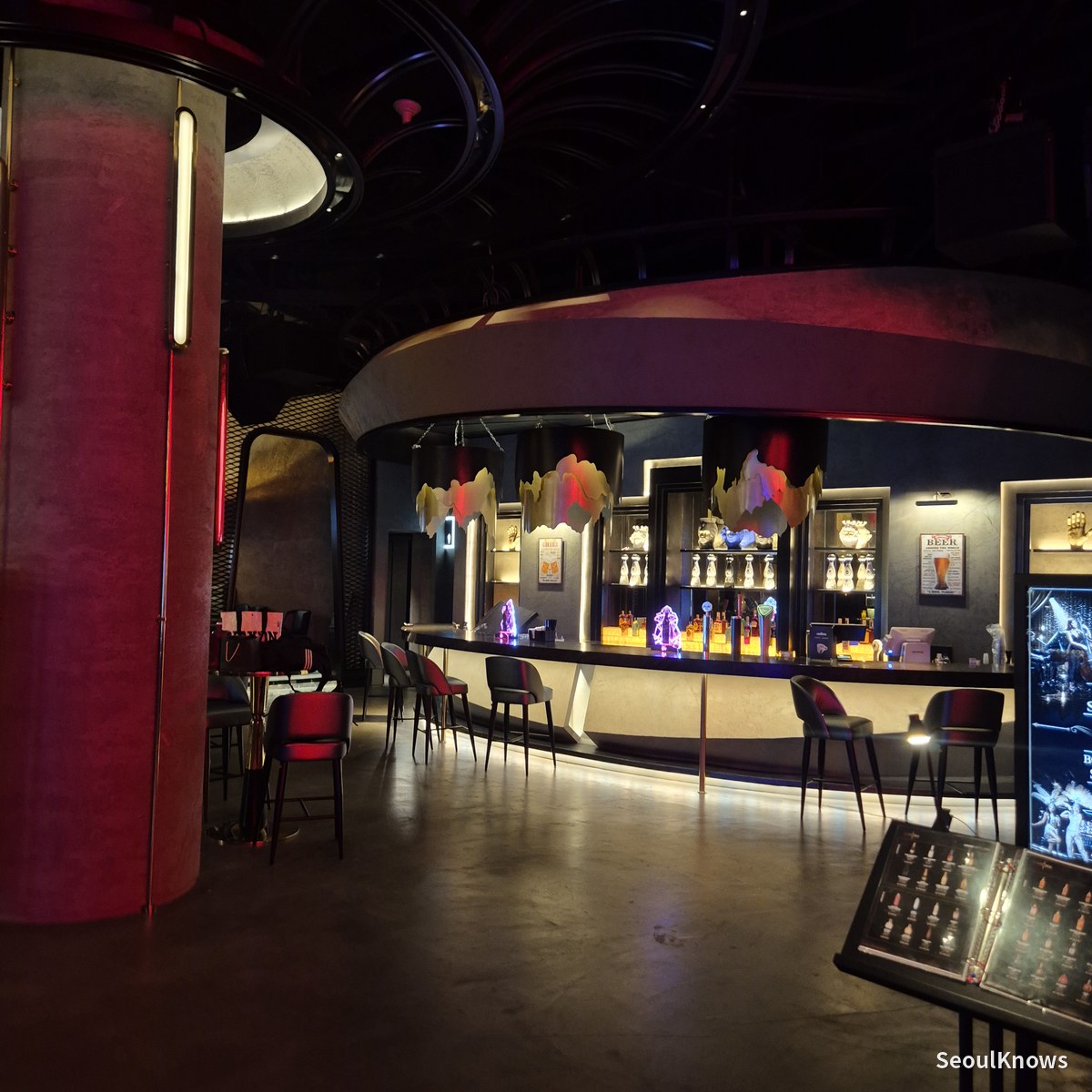 Curved bar in the Club Chroma lobby