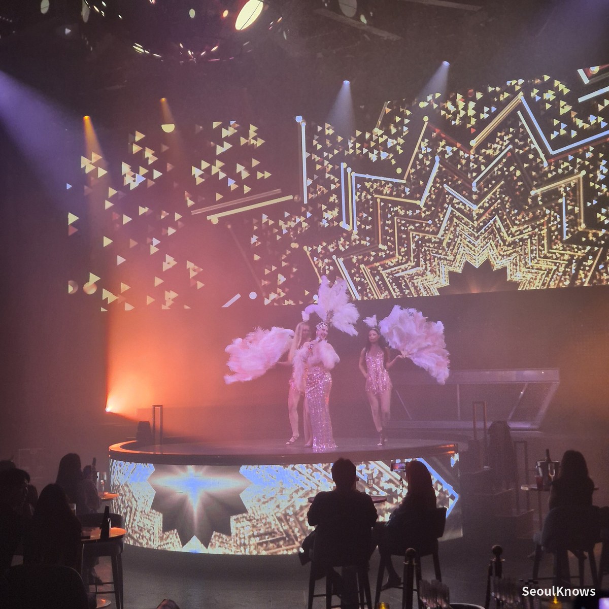Feather-costume performance on the Club Chroma stage