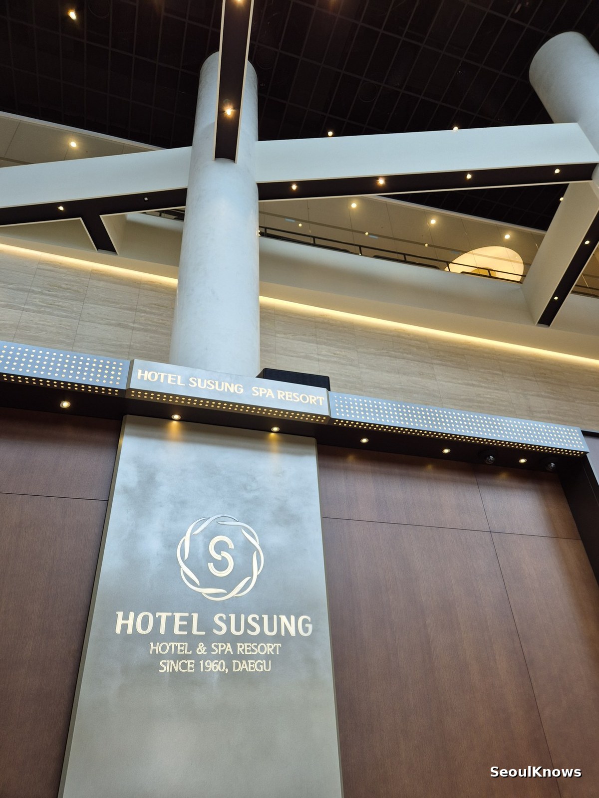 Hotel Susung logo on the lobby wall reading Hotel and Spa Resort Since 1960 Daegu