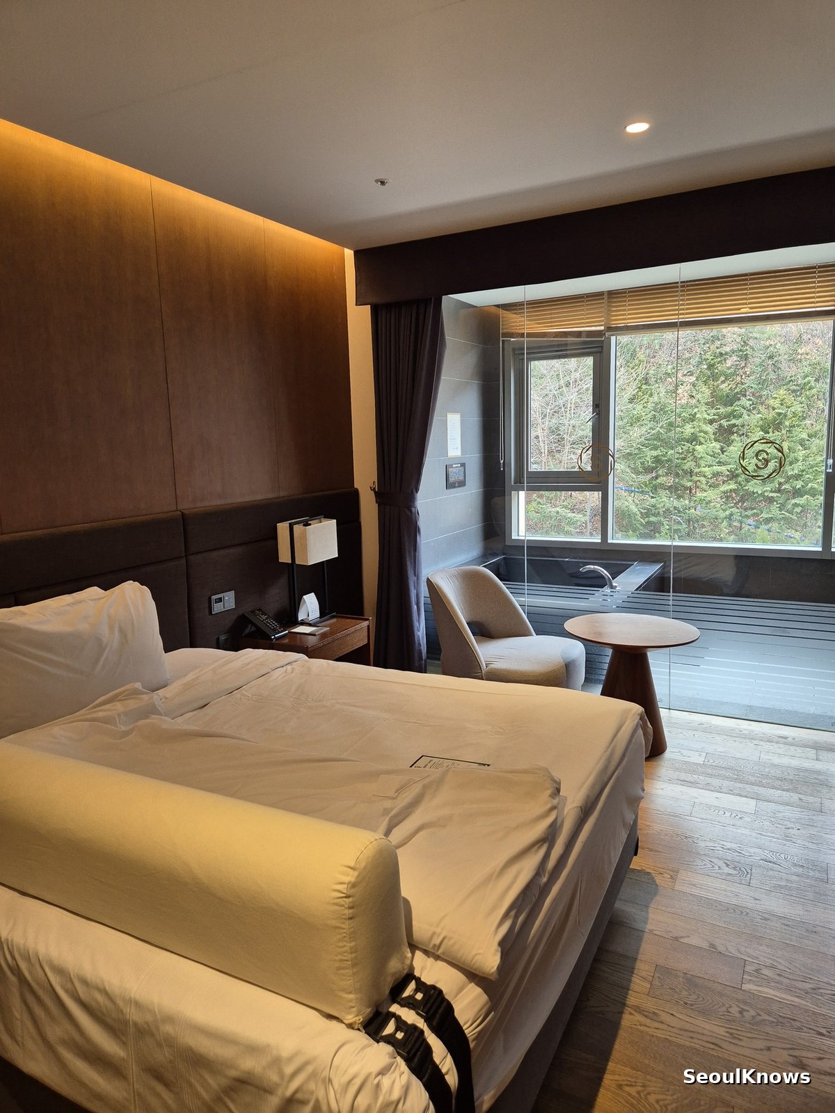 Window seating in a Hotel Susung guest room looking onto the forested hillside