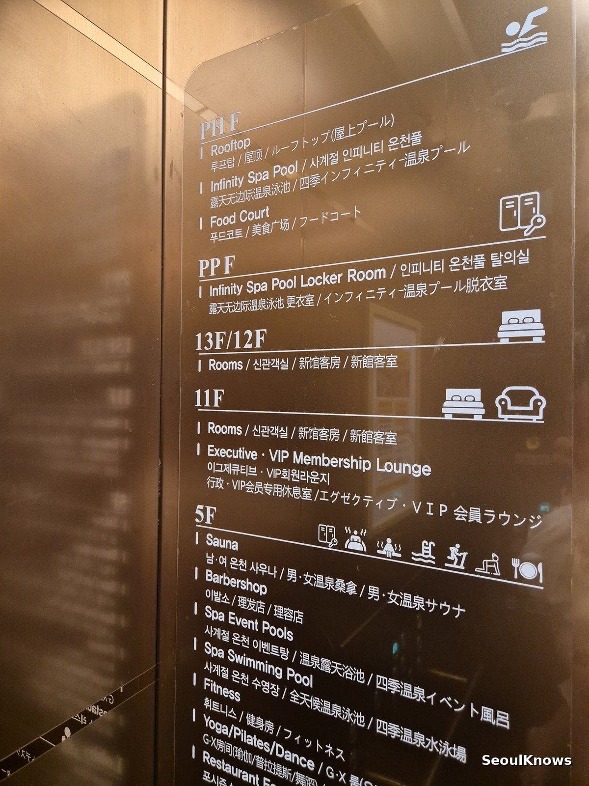 Lift directory at Hotel Susung Daegu listing the rooftop infinity spa pool and spa floor
