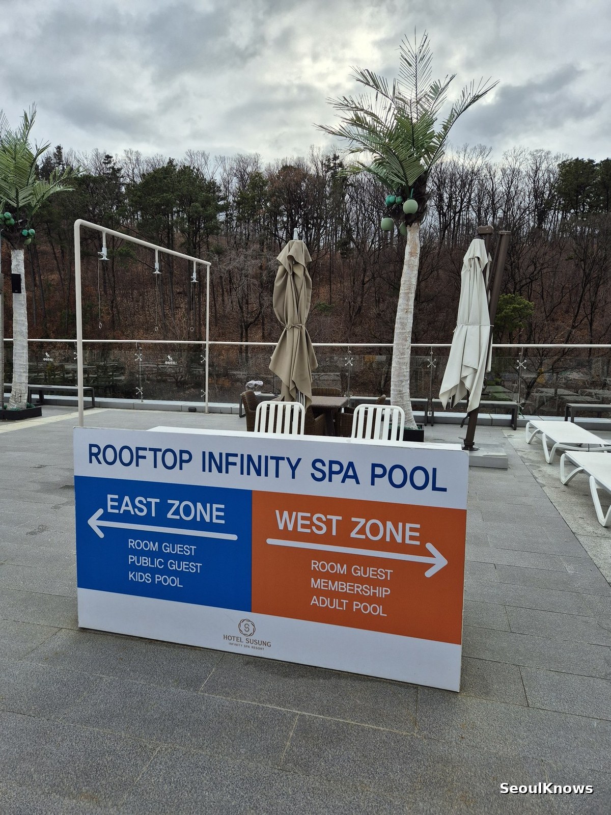 Sign at the Hotel Susung rooftop infinity spa pool showing east and west zones