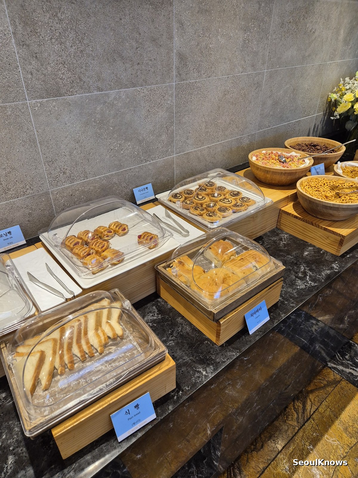 Pastry and dessert counter at the Four Seasons breakfast buffet