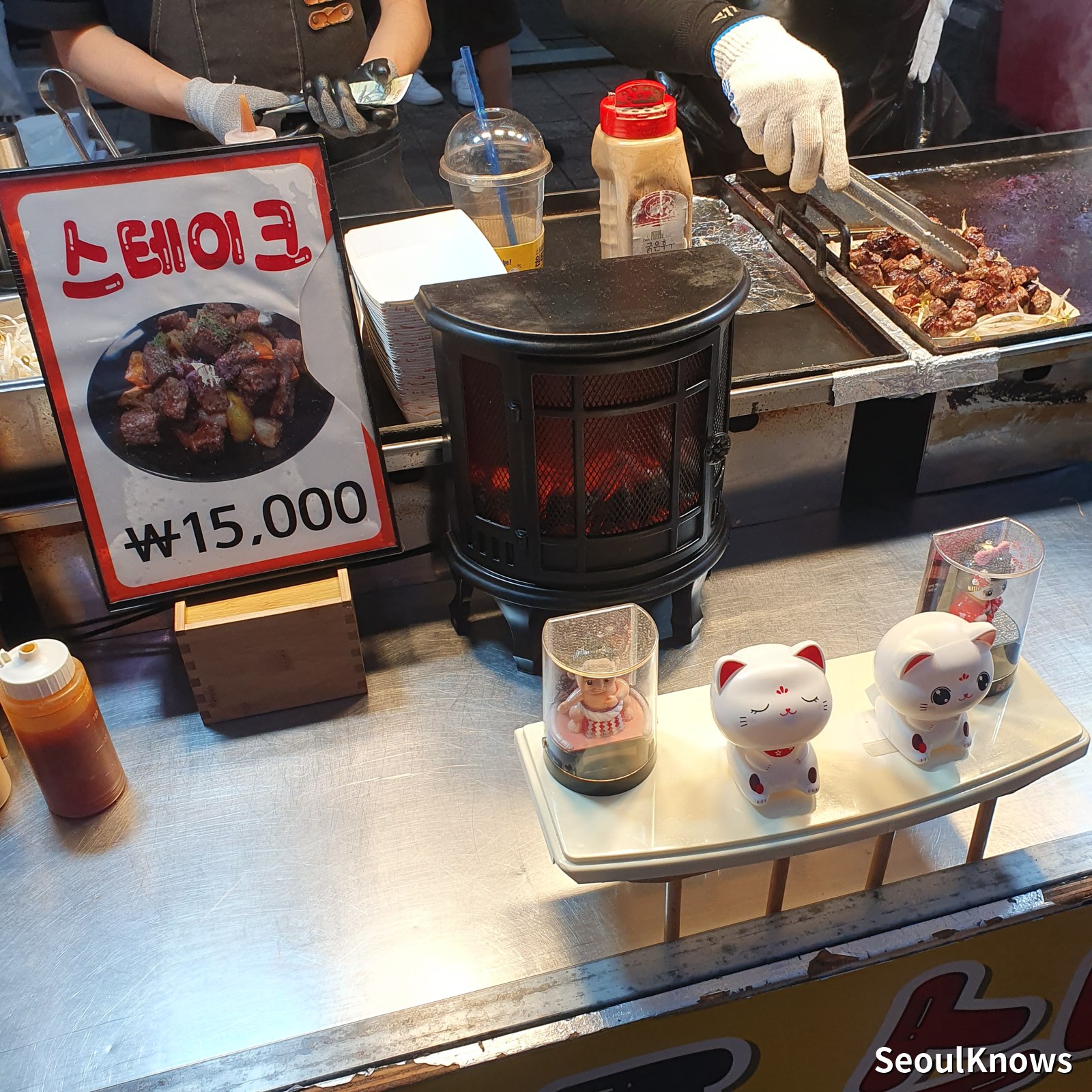 Cubed grilled steak street stall