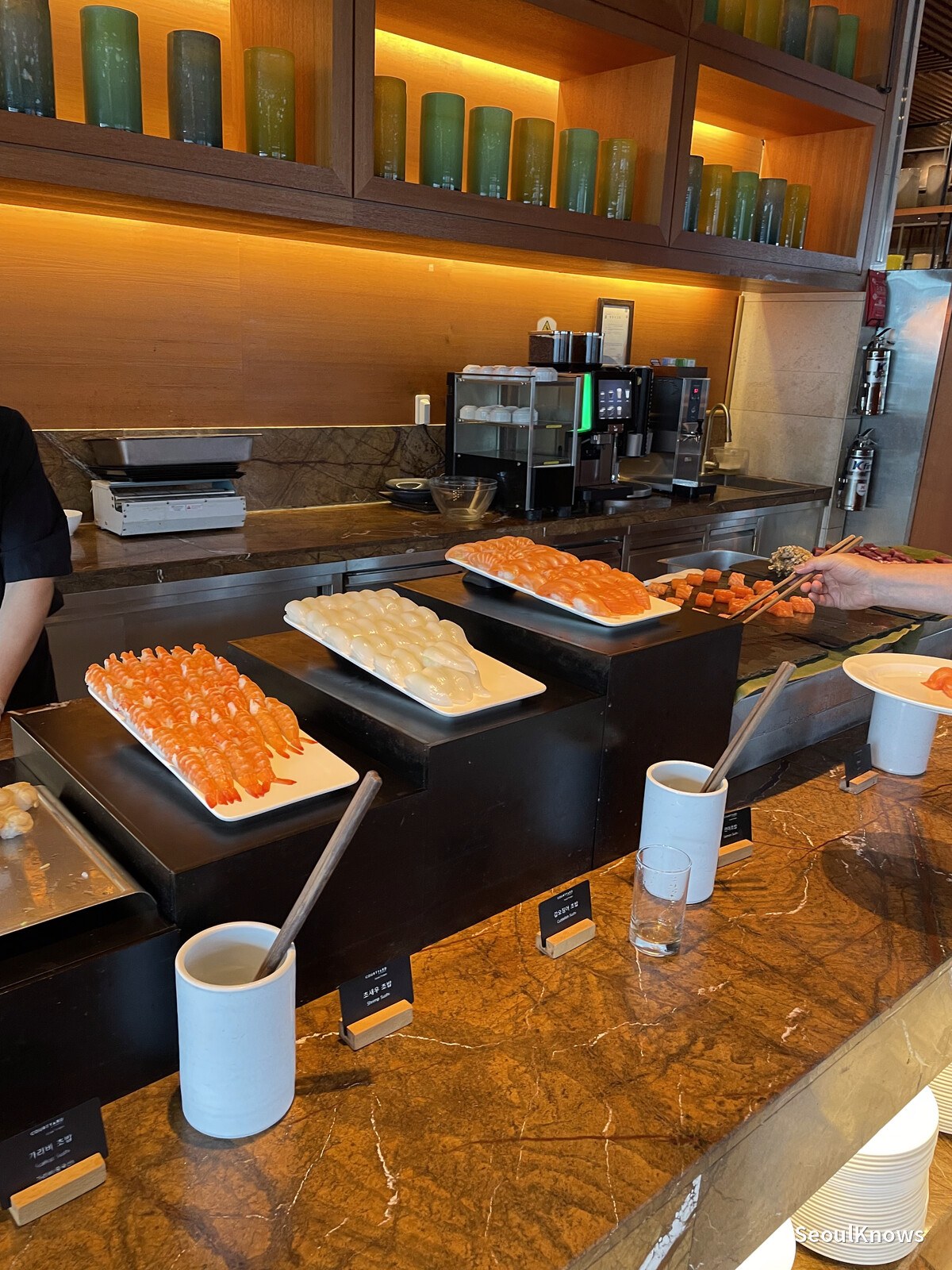 Smoked salmon and sushi section at the MoMo Cafe buffet