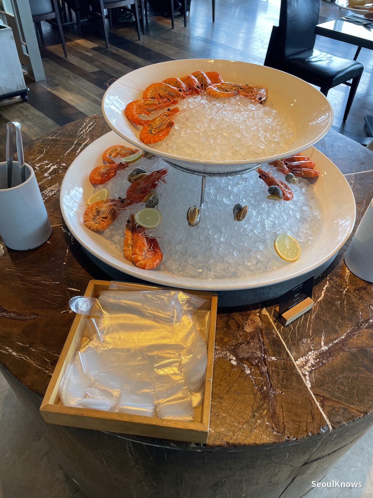 Chilled prawn tower on ice at MoMo Cafe