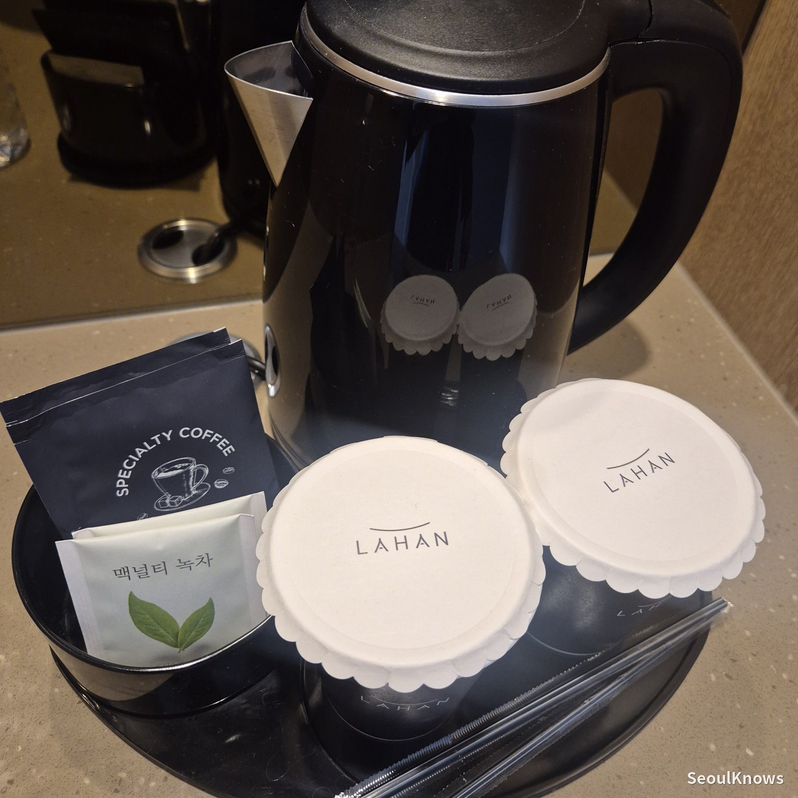 Kettle with coffee and tea in the room