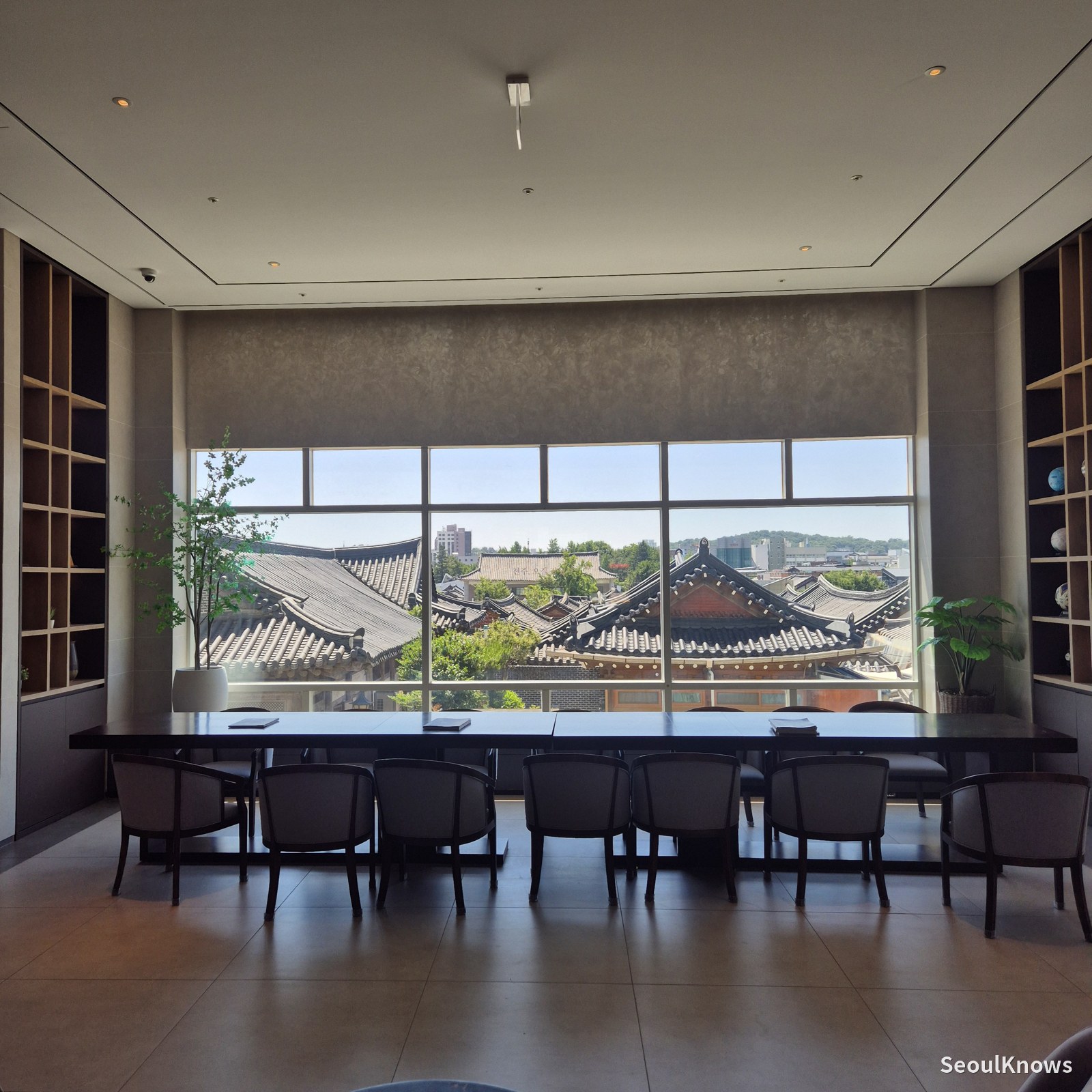 Lobby lounge with hanok village view at Lahan Hotel Jeonju