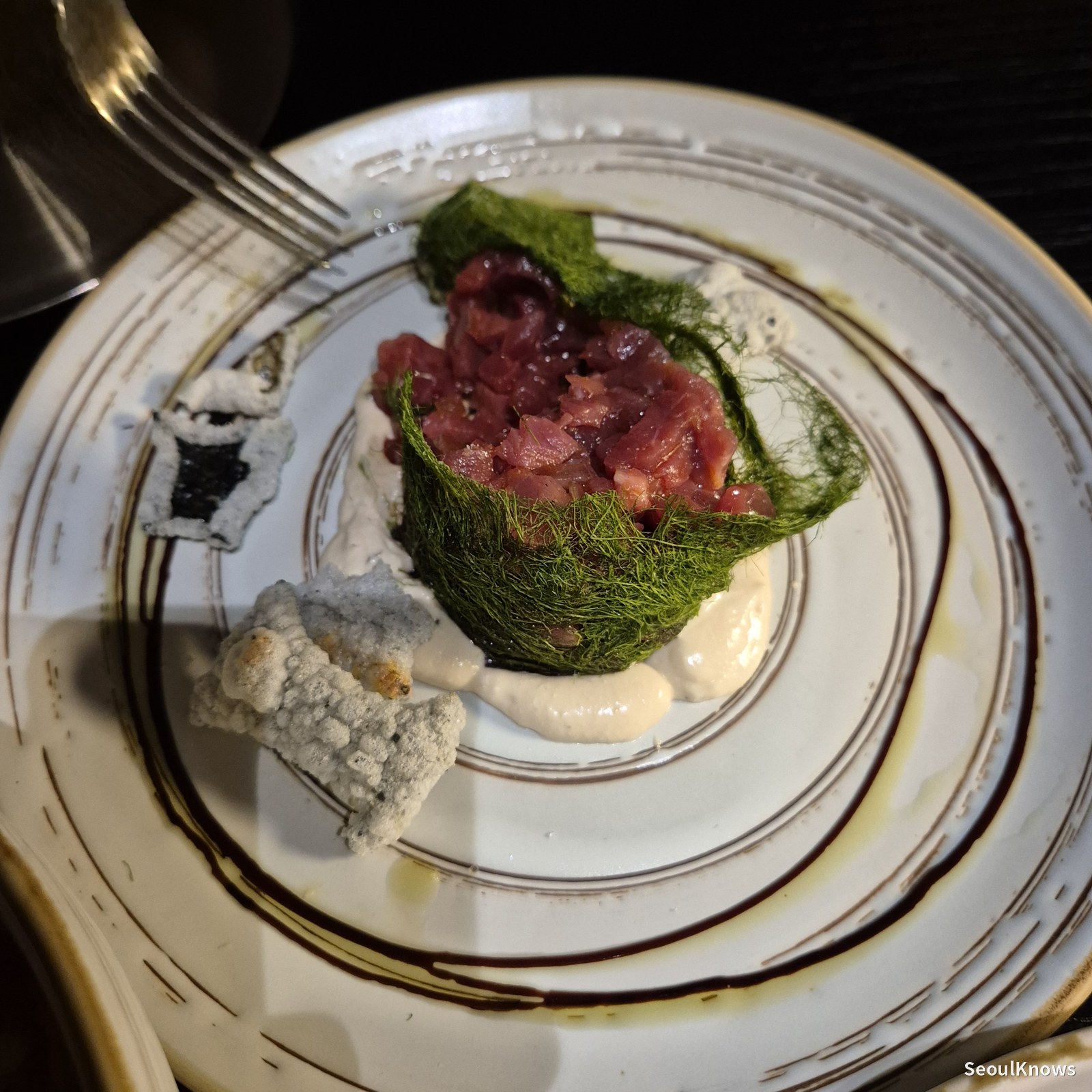 Shilla Stay Jeonju rooftop lounge gamtae seaweed beef tartare