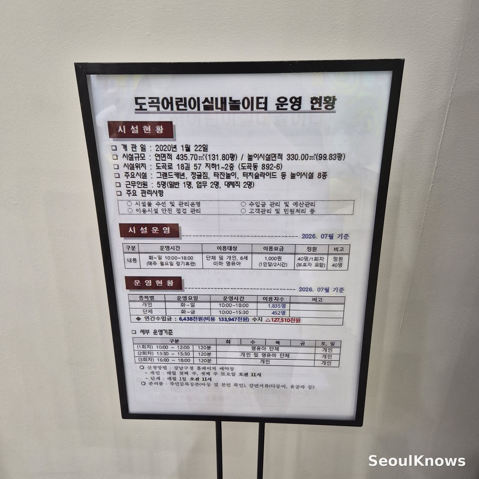 Operating information board at Dogok Children's Indoor Playground