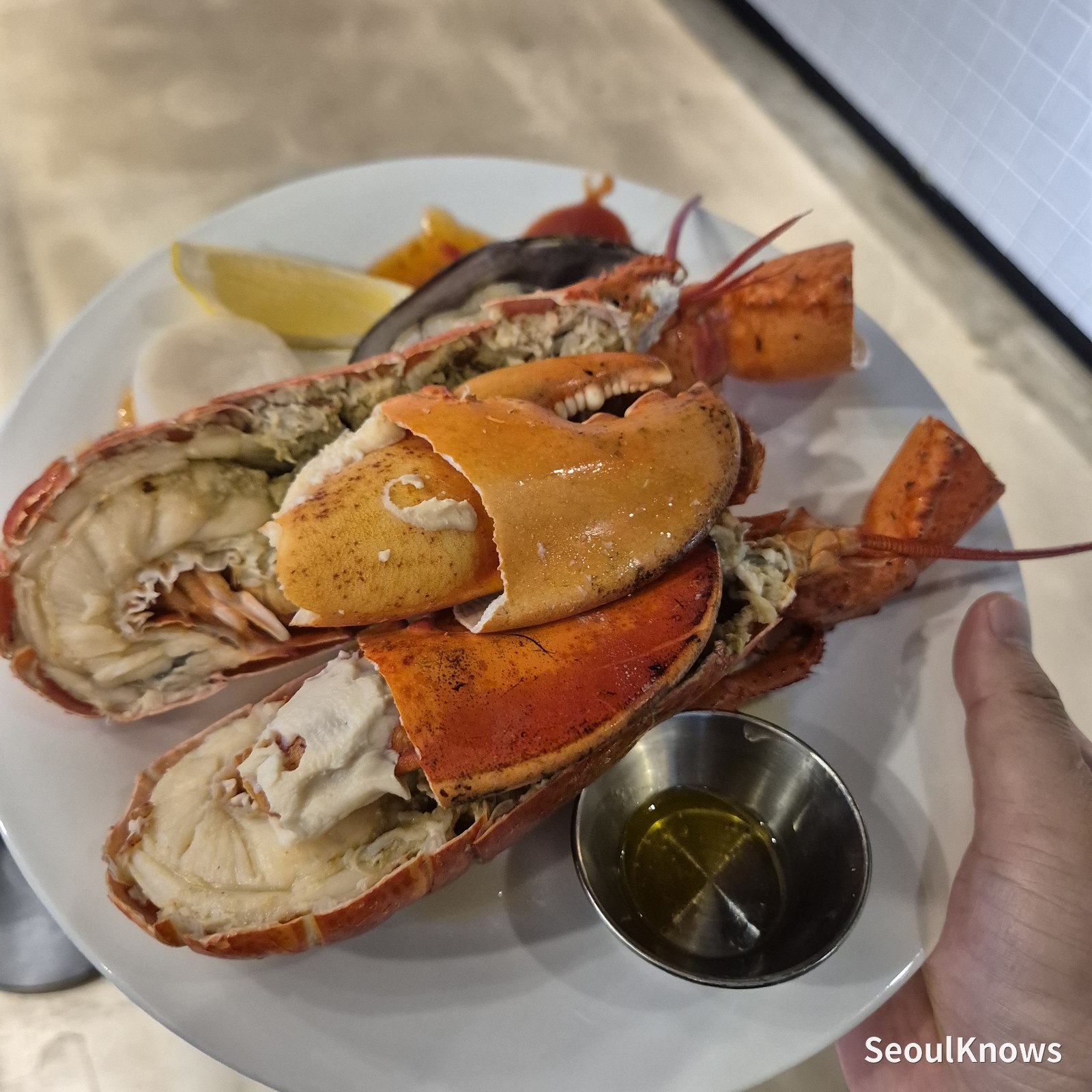 Plate of shelled lobster with melted butter at Viking's Wharf COEX