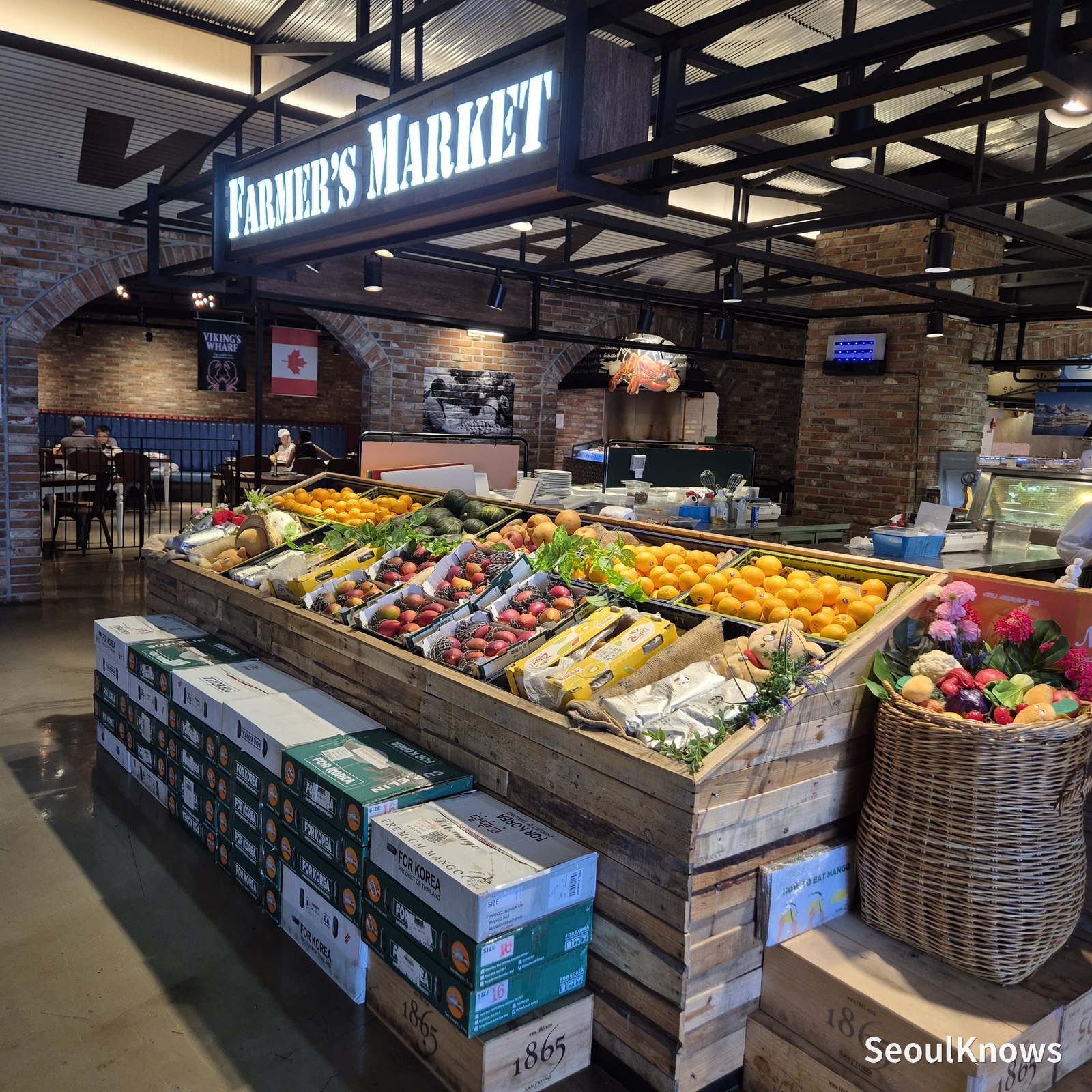 Farmers market style fruit and vegetable display at Viking's Wharf COEX