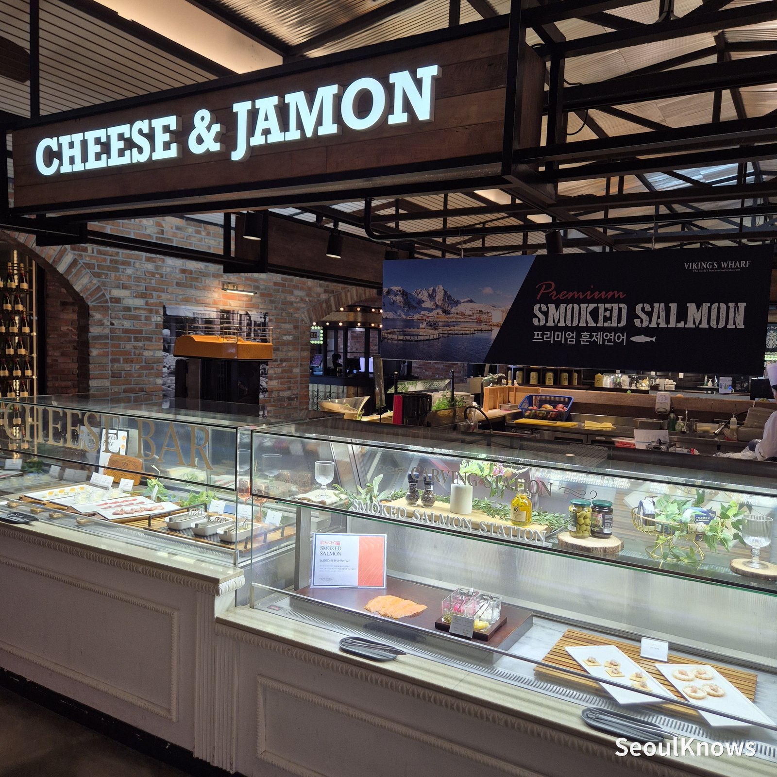 Cheese and jamon counter with premium smoked salmon station at Viking's Wharf COEX