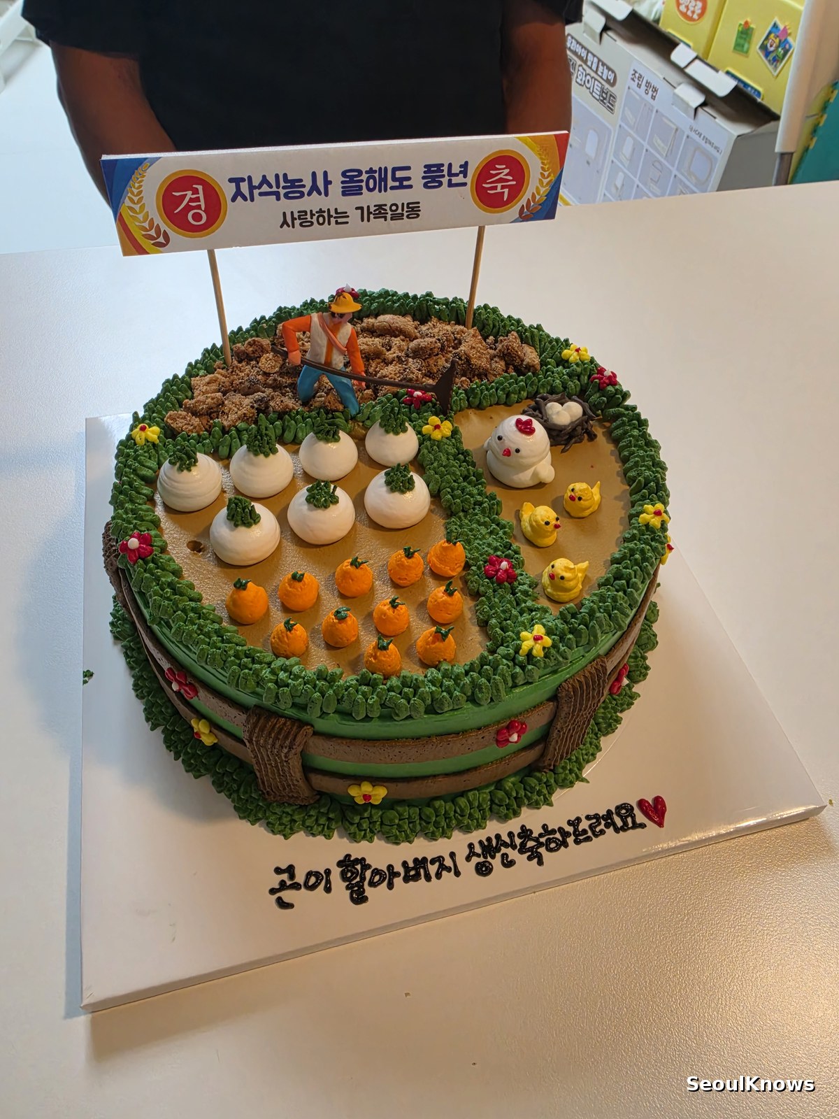 Korean custom cake decorated as a farm field with piped vegetables