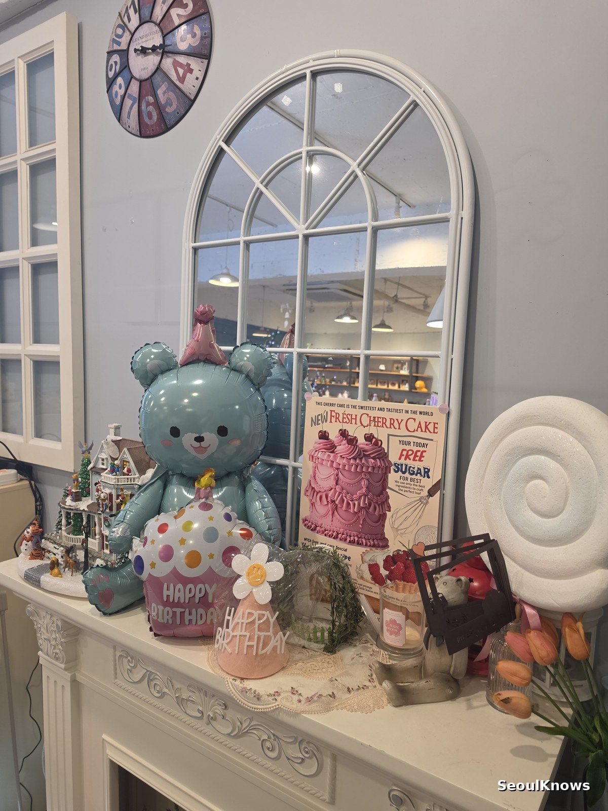Display of decorated novelty cakes in a Korean cake studio