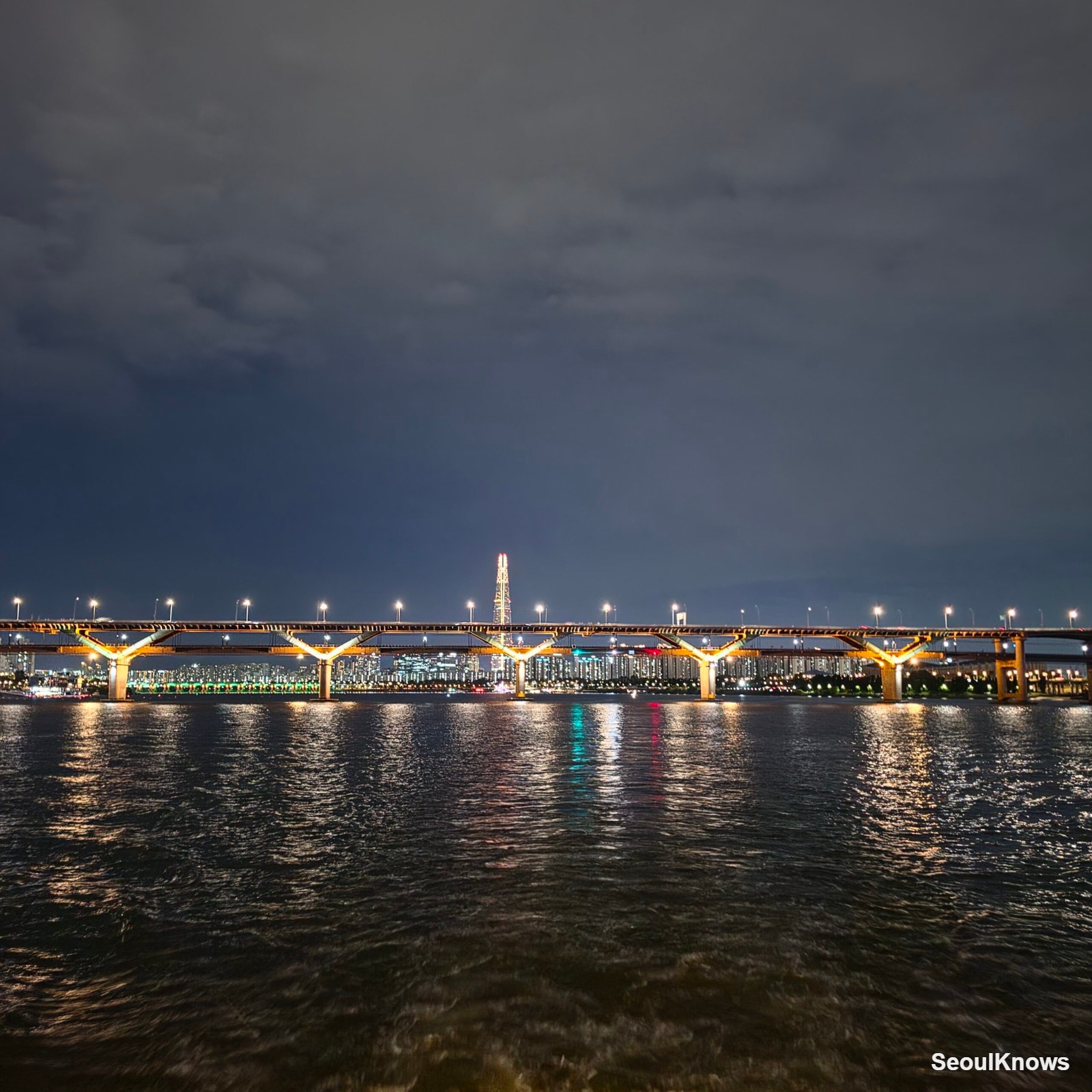 Seoul night skyline seen from a Han River cruise boat