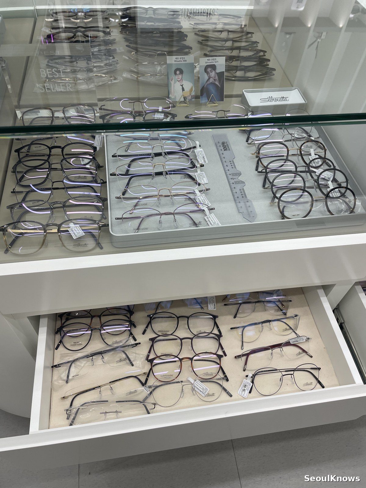 Trays of eyeglass frames in a Korean optical shop