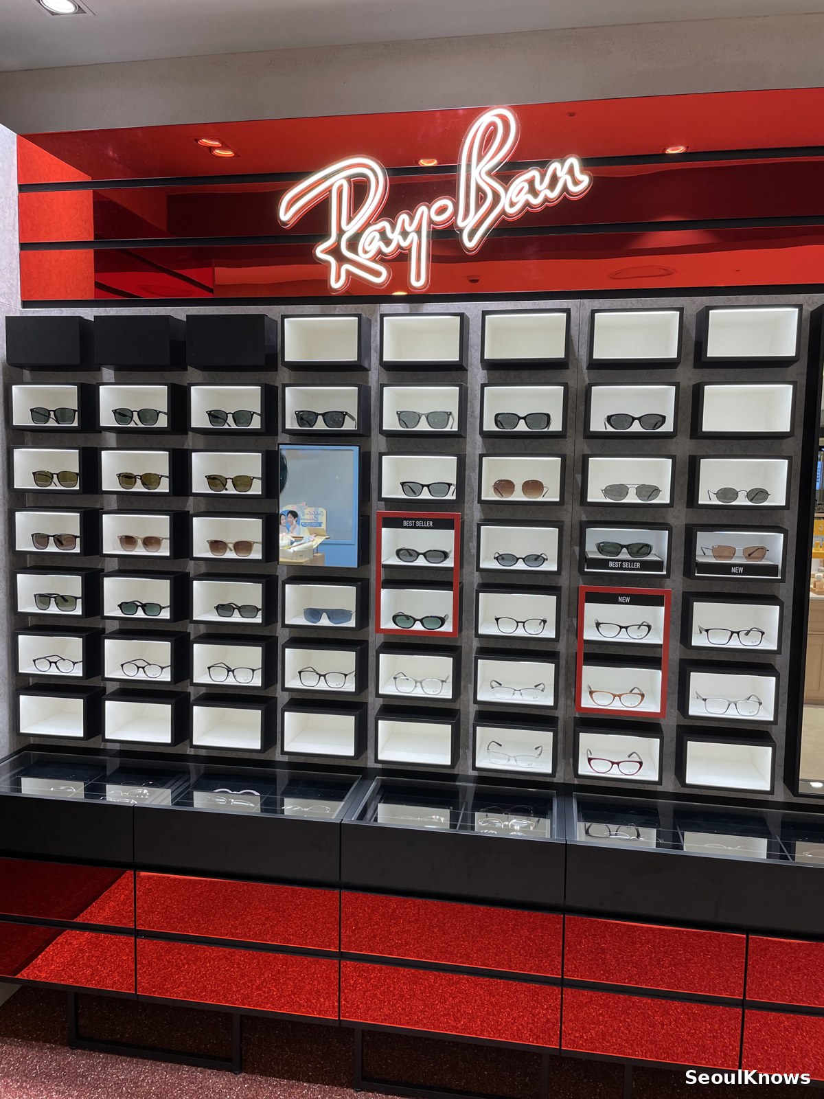 Ray-Ban sunglasses wall at an optical shop in Seoul