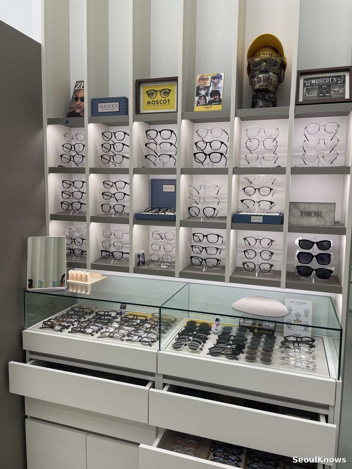 Display cases of glasses in a Seoul optical shop