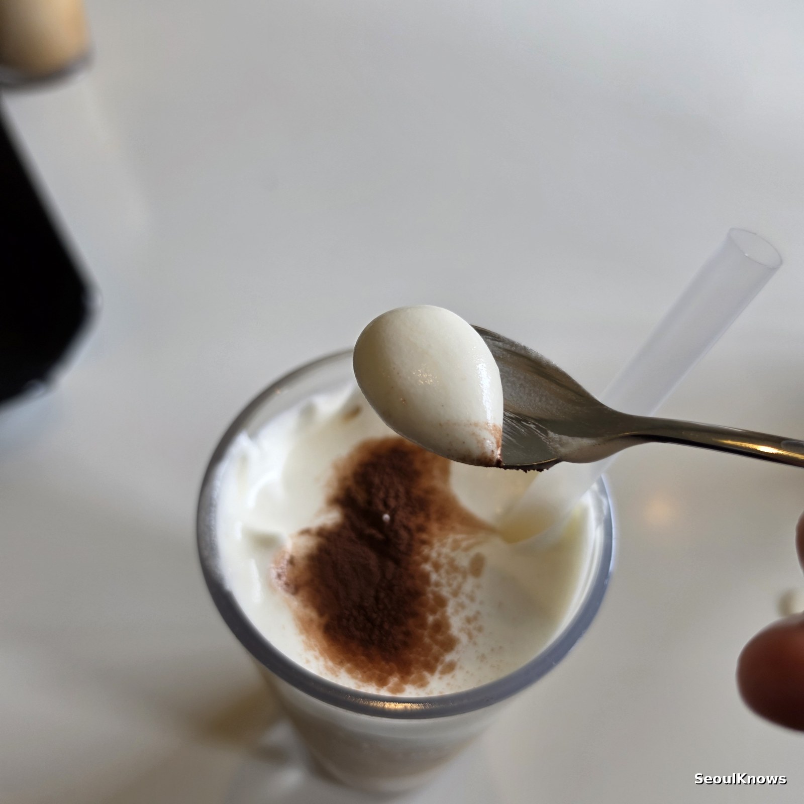 Close up of the signature cream latte at Golden Tree cafe Gapyeong