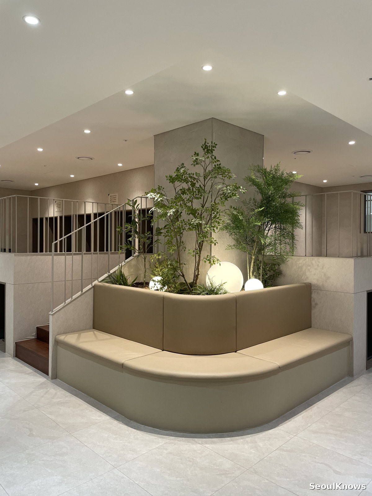 Relaxation area with plants inside a Korean spa