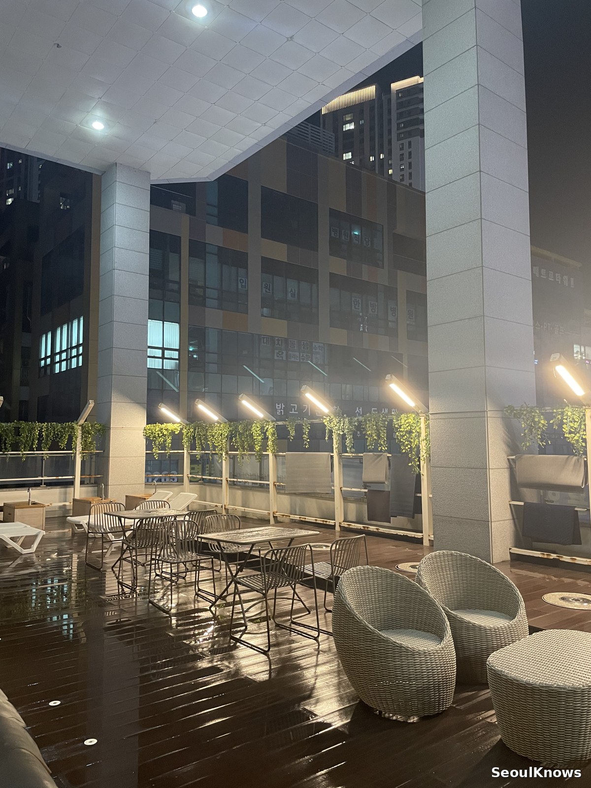 Rooftop garden at a Korean spa at night