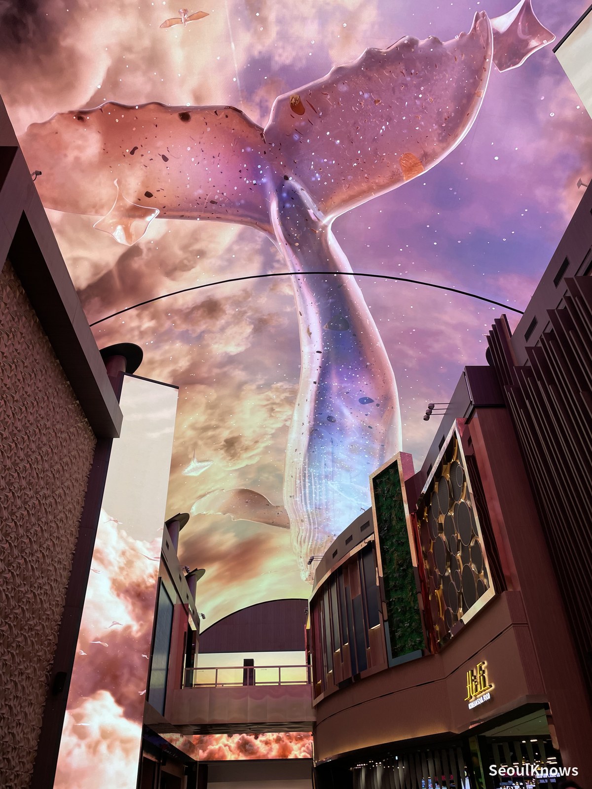 Whale tail against a pink sky on the Inspire Mall ceiling